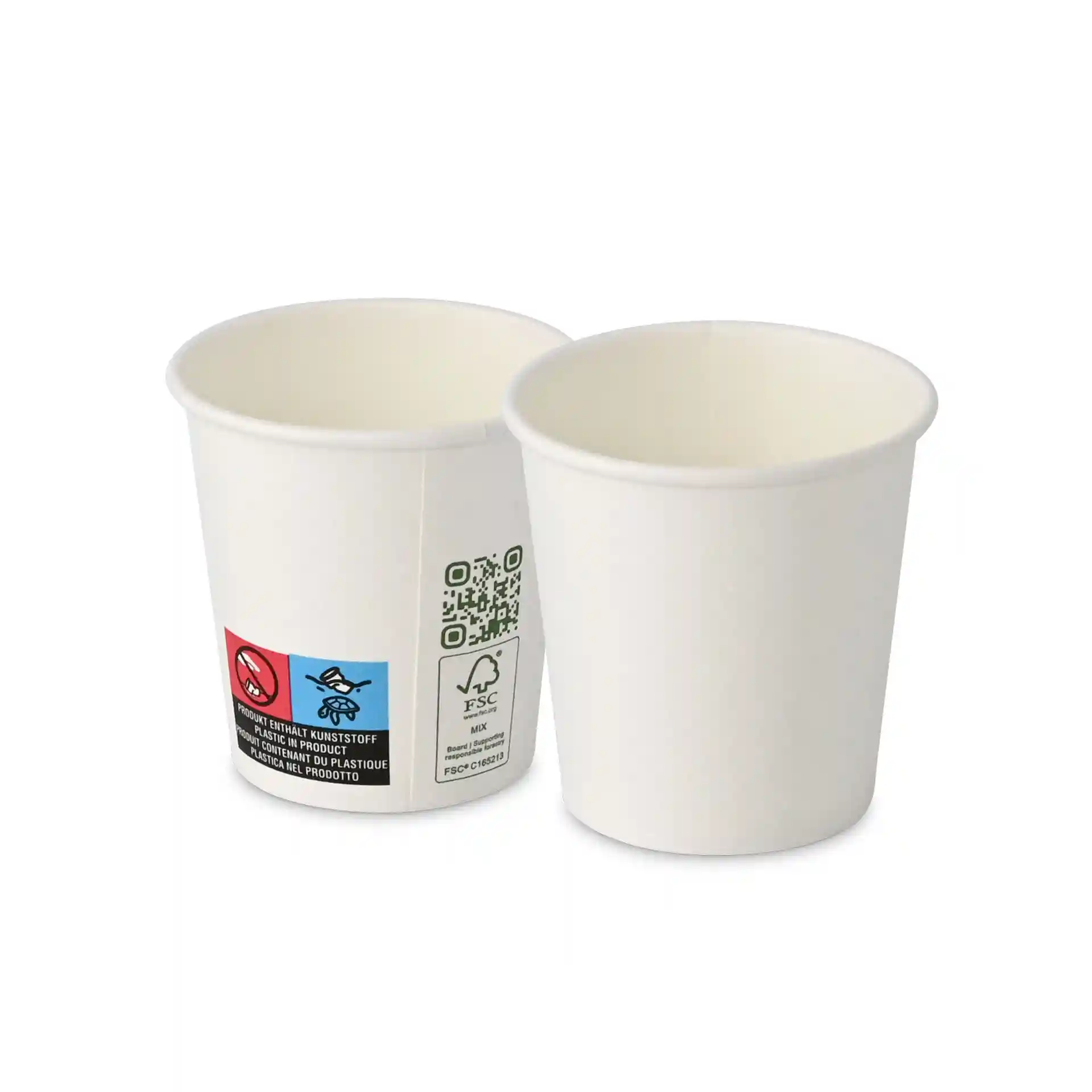 Biały kubek, pojemność 100 ml, jednolita ścianka, średnica 62 mm, z etykietami i symbolami z boku.