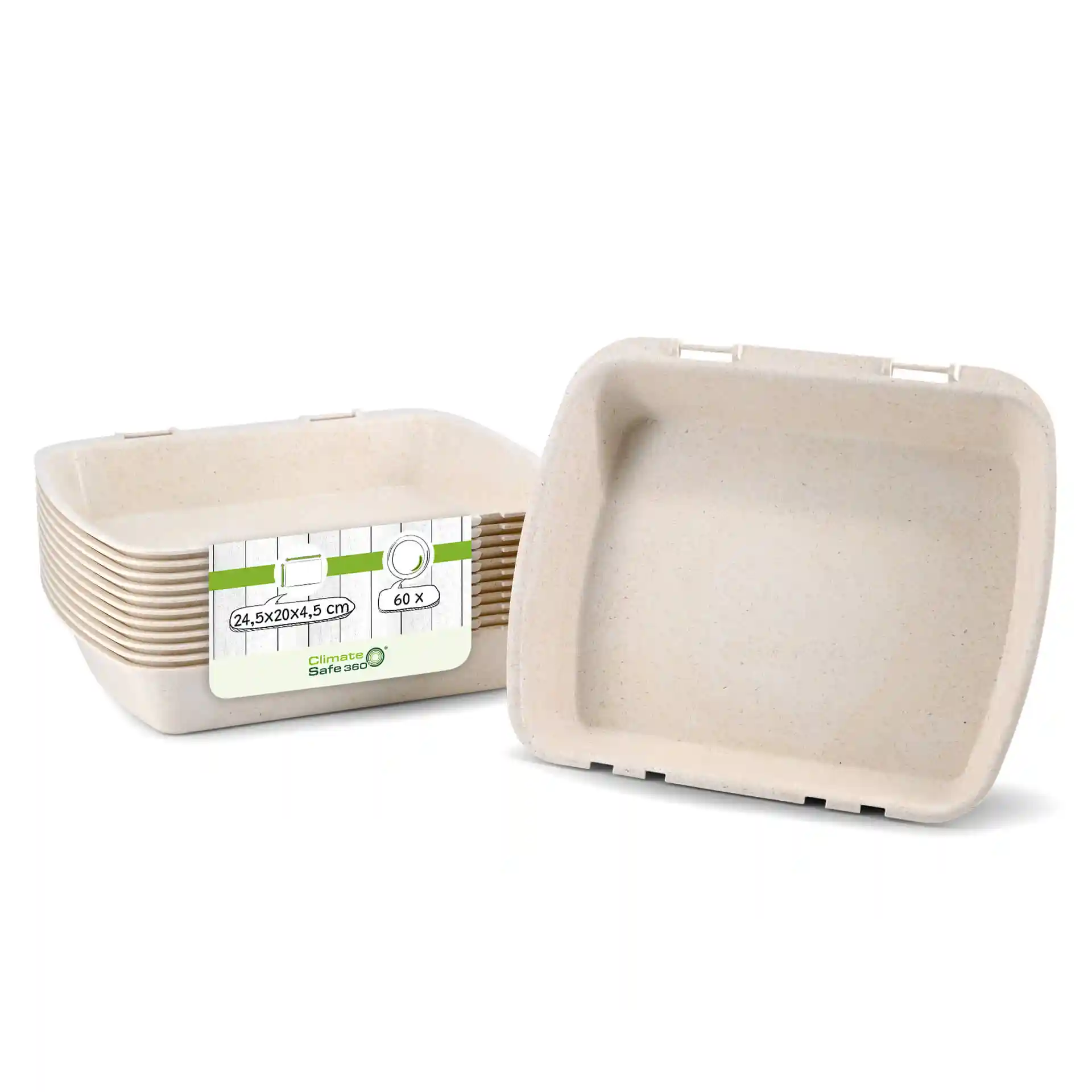 Prostokątne wielokrotnego użytku pojemniki na menu w kremowej bieli, 24,5 x 20 x 4,5 cm, ułożone w stos z jednym widocznym pojemnikiem.