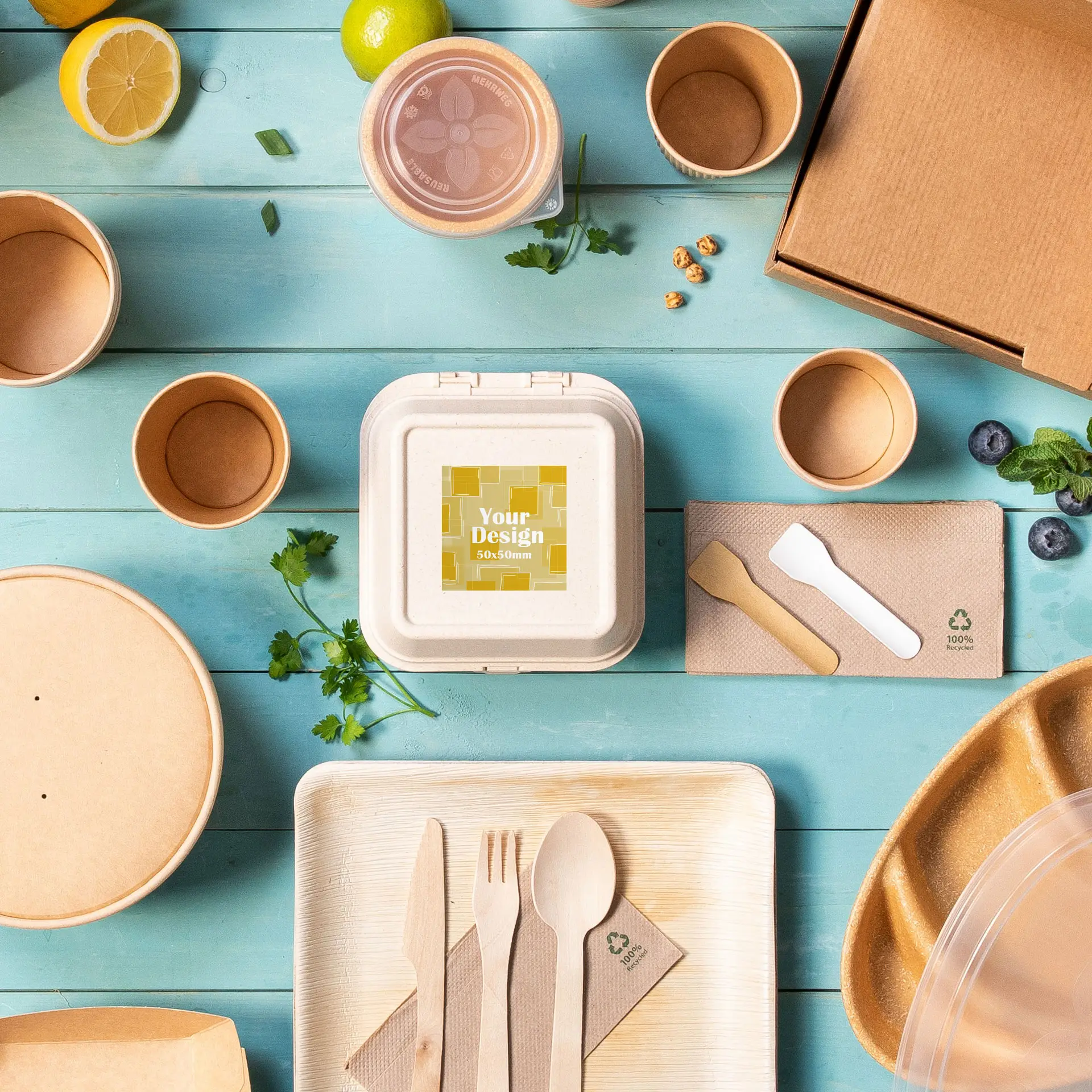 Kwadratowa etykieta na białym pojemniku na wynos, otoczona dodatkowymi prostymi i wzorzystymi artykułami opakowaniowymi.