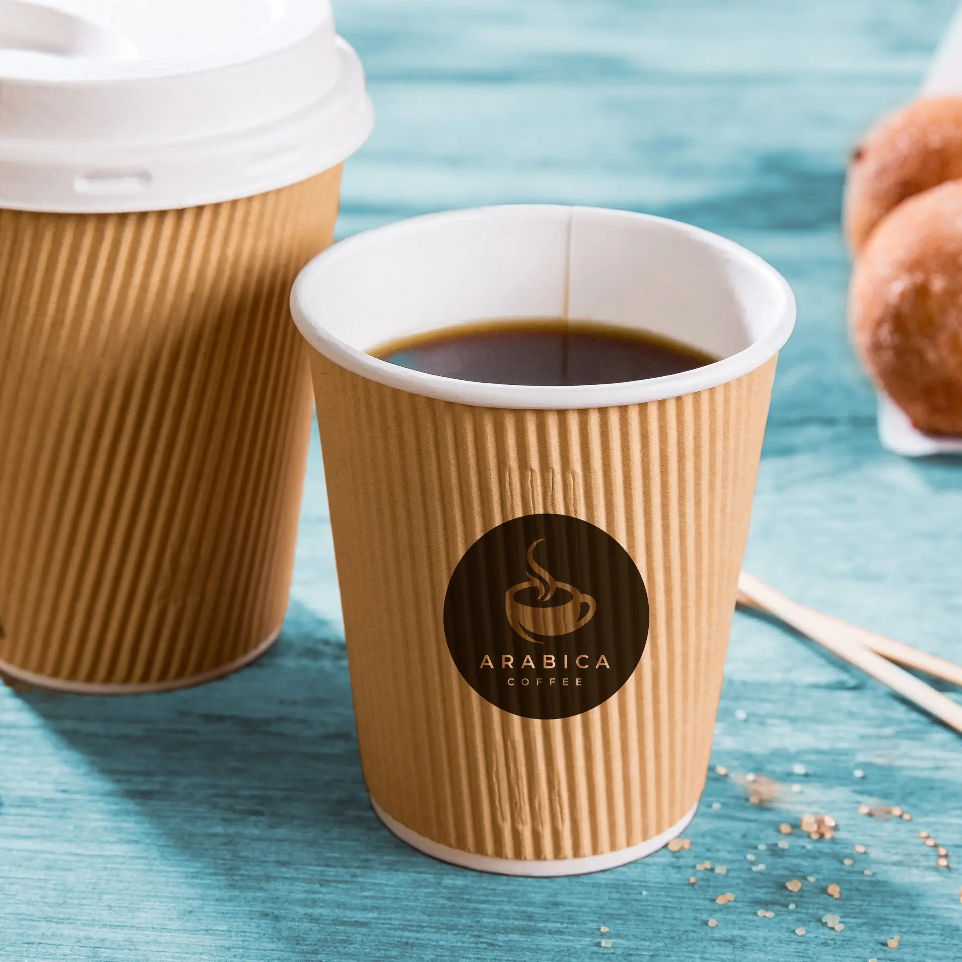 Riffelbecher bedruckt, 200 ml / 8 oz, braun / weiß, PLA-beschichtet