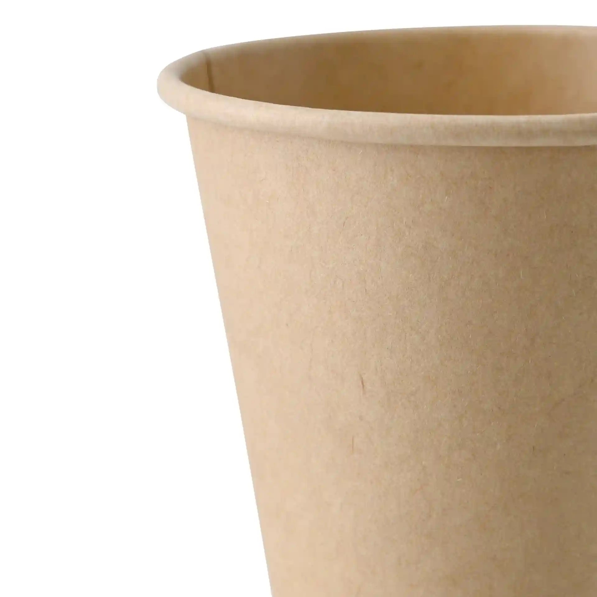 Brązowy papierowy kubek z pojedynczą ścianką, pojemność 150 ml i średnica 80 mm.