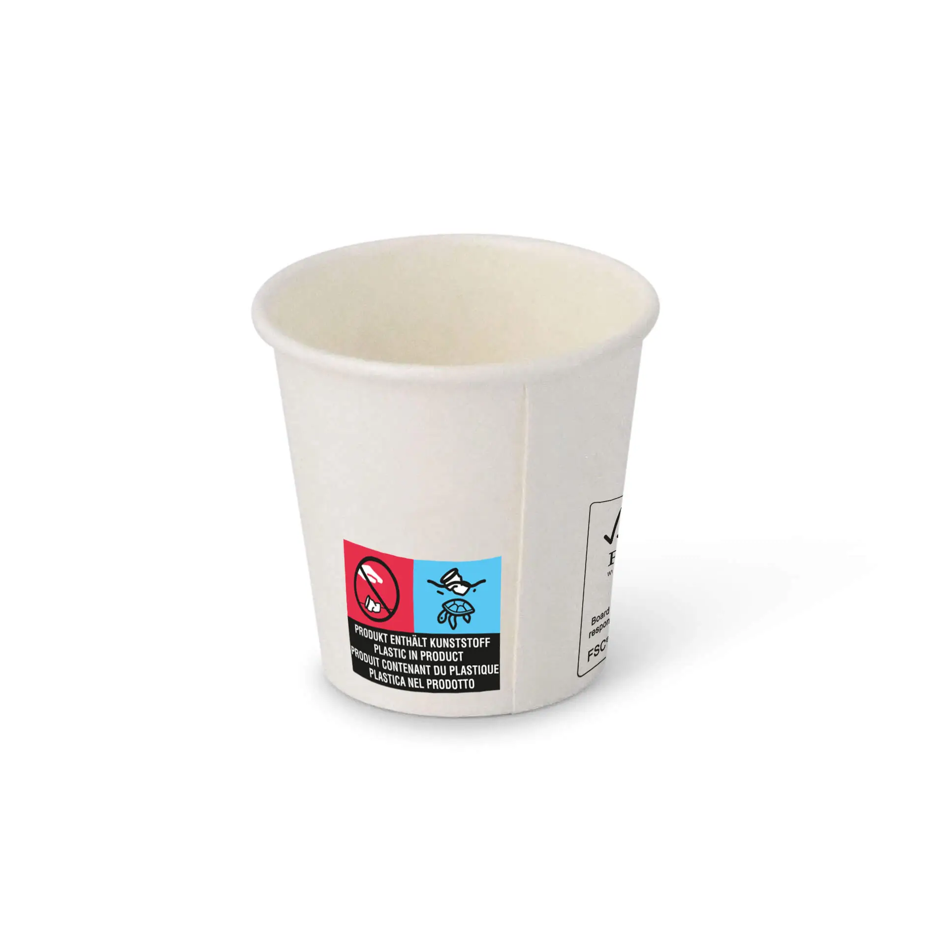 Jedno biały papierowy kubek 2 oz z powłoką PE; zawiera symbole bezpieczeństwa i recyklingu po bokach.