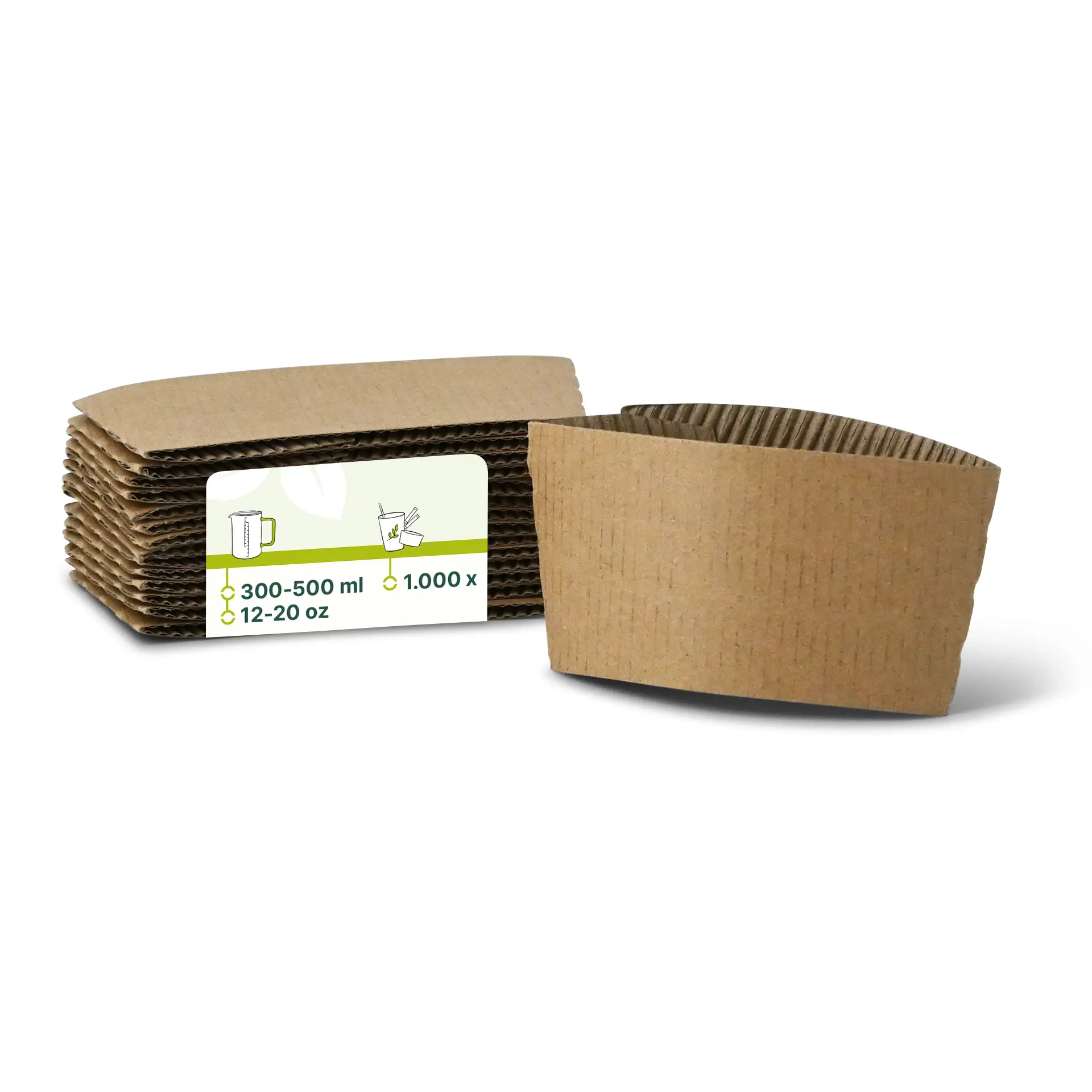 Brązowe rękawy z tektury dla papierowych kubków 300-500 ml, wysokość 65 mm, szerokość 130 mm.