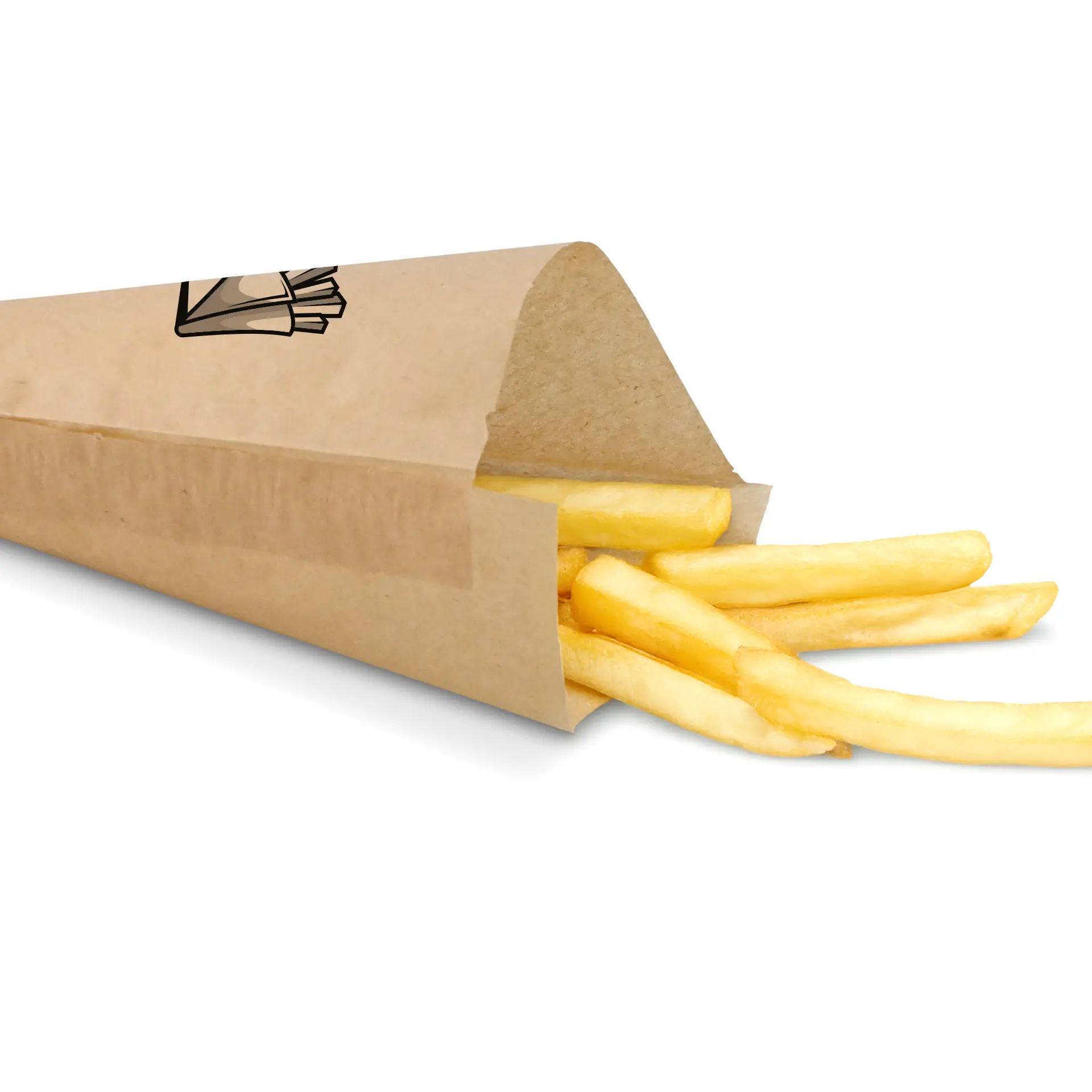 Brązowa papierowa torba w kształcie stożka z częściowo widocznymi frytkami, zaprojektowana do użytku na wynos, rozmiar 19 x 19 cm.