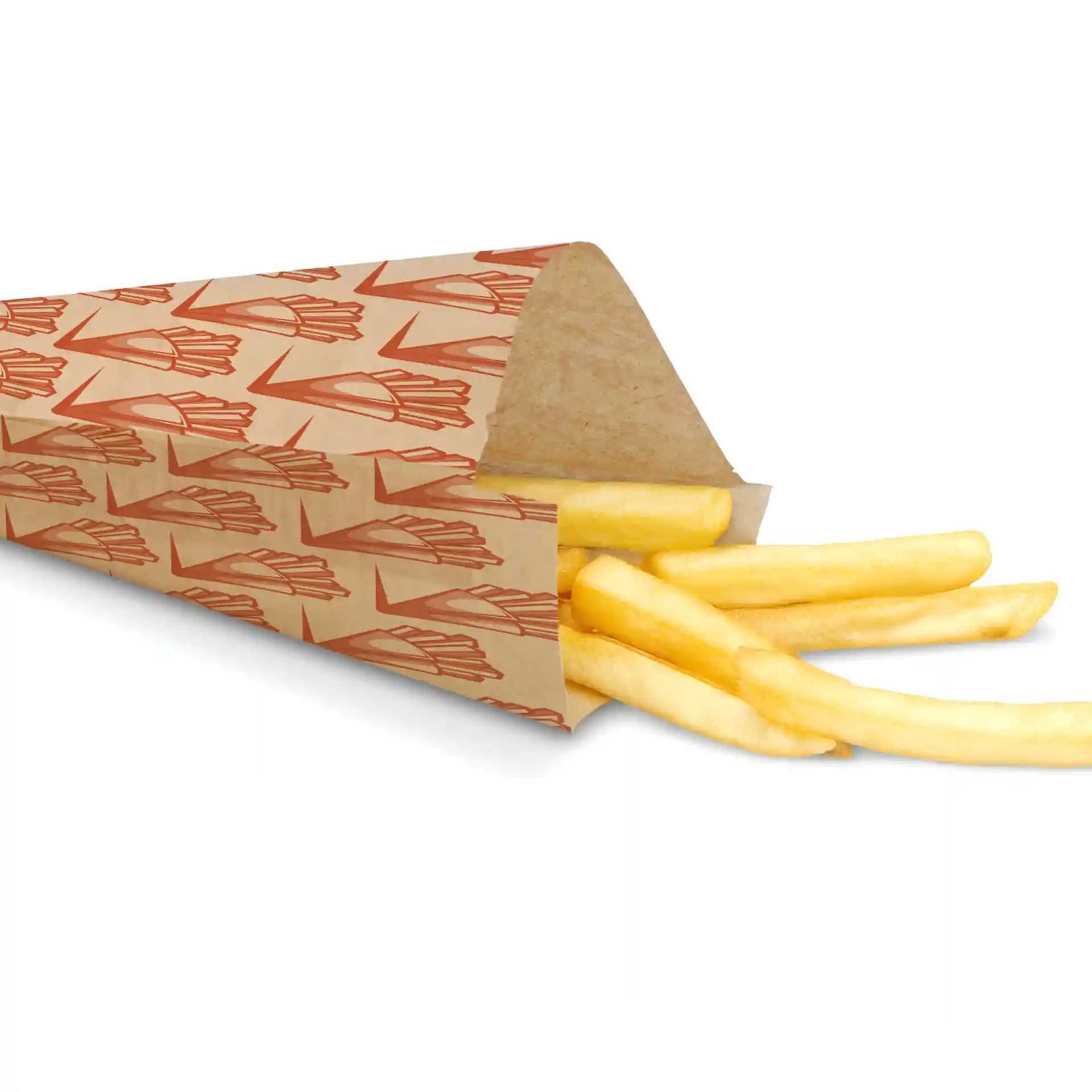 Brąski papierowy rożek do serwowania frytek, z częściowo widocznymi frytkami w środku.