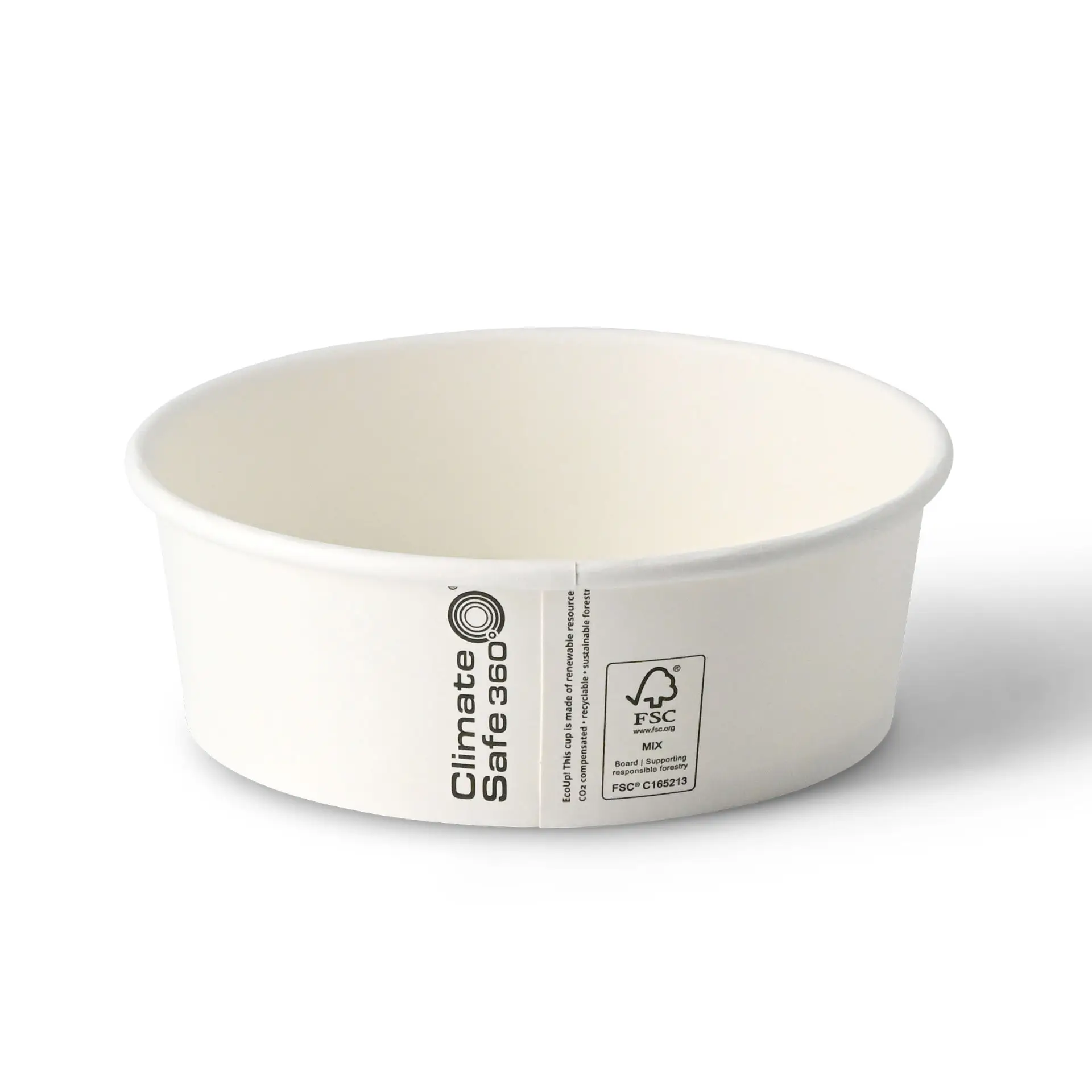 Jedna biała miską papierowa na sałatkę, pojemność 400 ml, okrągły kształt, z etykietą z detalami produktu.