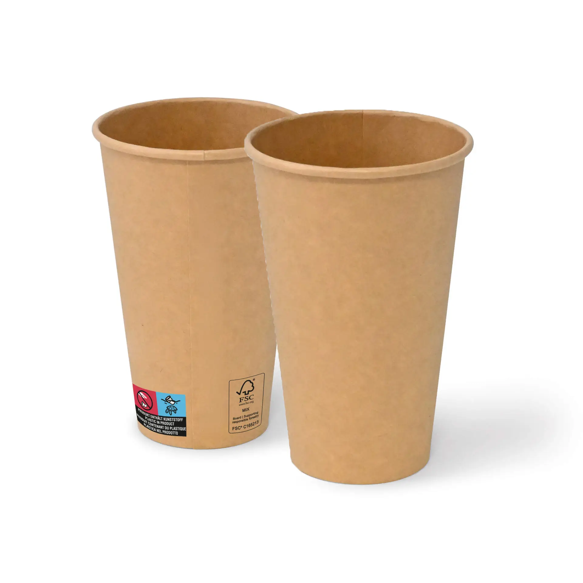 Brązowe papierowe kubki 16 oz o okrągłym kształcie, dwa kubki z pokrytą tekturą.