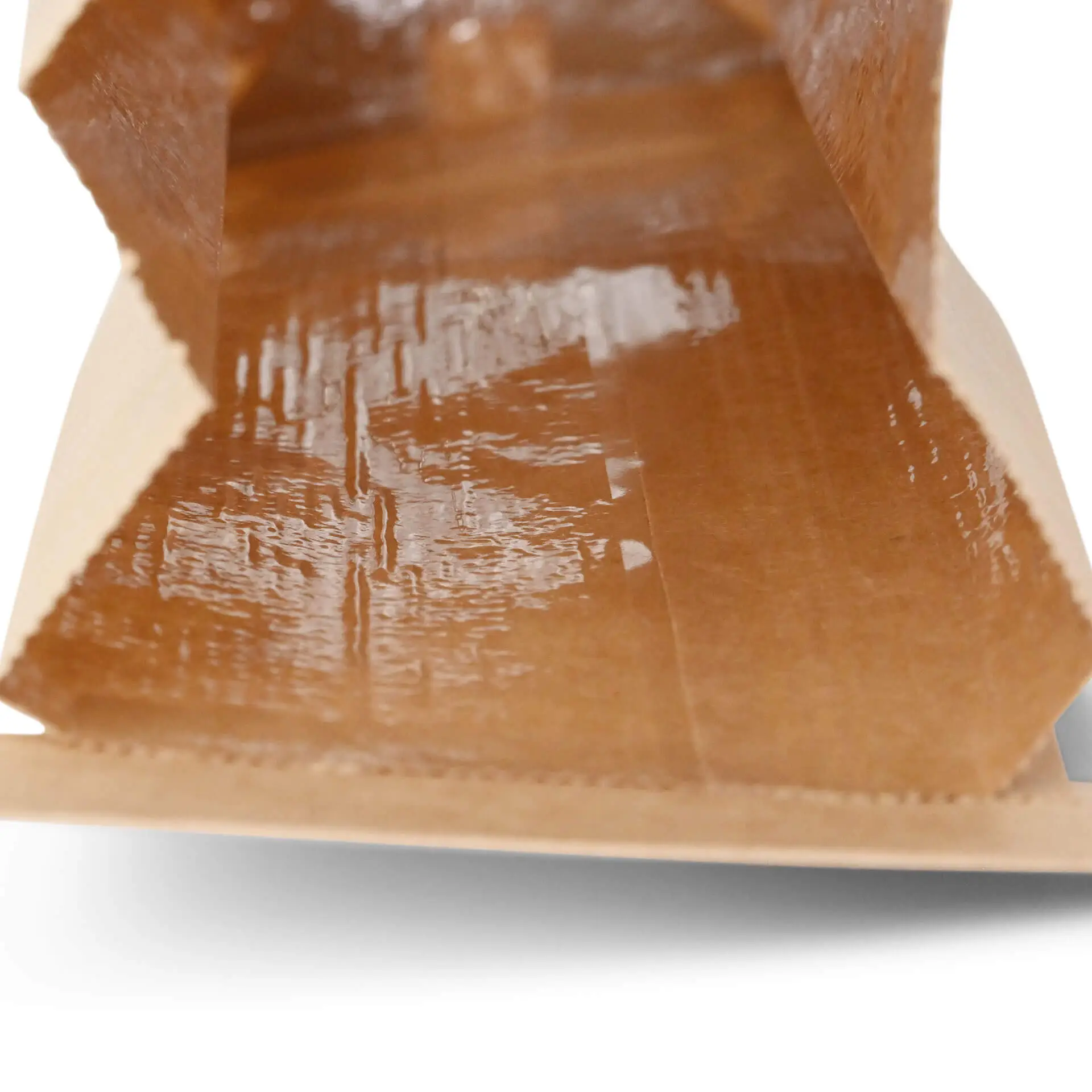 Torba papierowa brązowa z dnem blokowym i okienkiem, z wewnętrzną powłoką PP, przeznaczona do towarów aromatycznych.