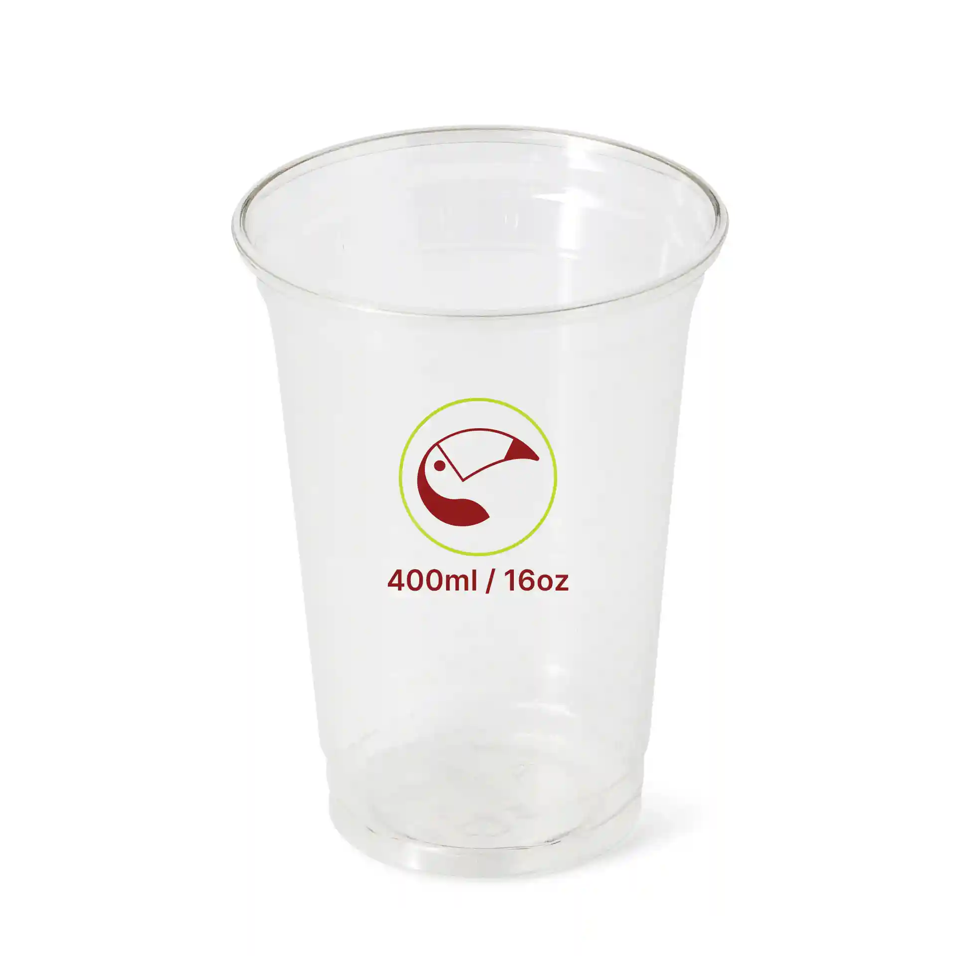 Przezroczysty kubek rPET 16 oz z symbolem krewetki i oznaczeniami pojemności 400 ml / 16 oz.