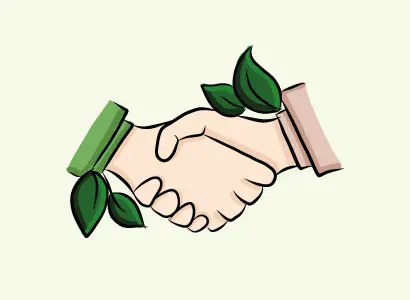 Ilustracja dwóch dłoni uściski, każda ozdobiona zielonymi liśćmi, symbolizująca przyjaźń i partnerstwo.