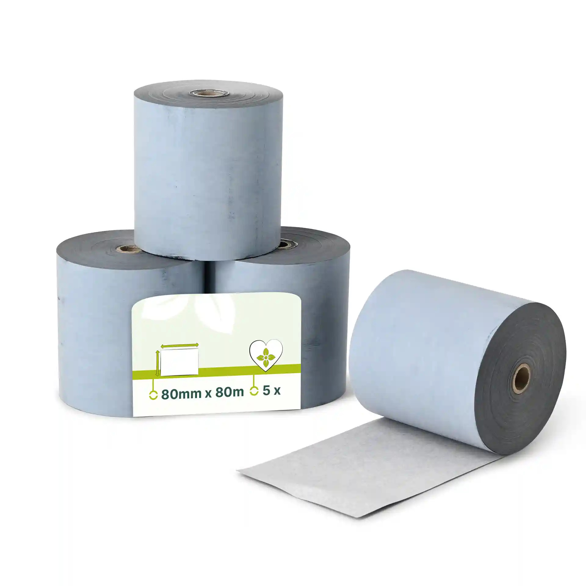 Trzy rolki szarego papieru termicznego do kas, każda o wymiarach 80 mm x 80 m, jedna rolka częściowo rozwinięta.