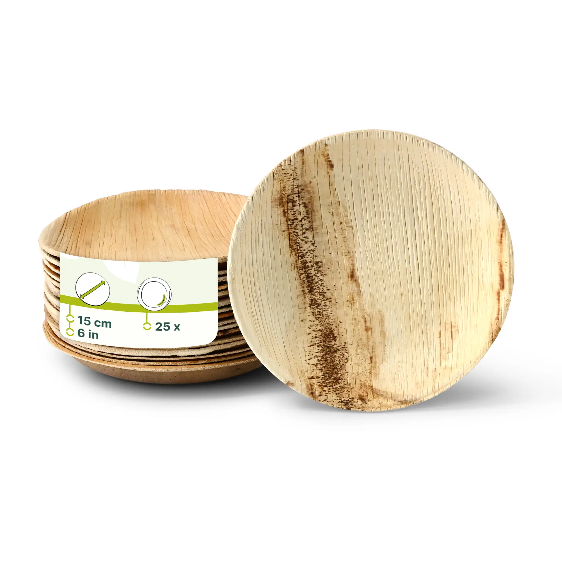 Jedna okrągła talerz z liścia palmy o średnicy 15 cm z naturalnym rysunkiem; dodatkowe talerze stosy za, pokazując wąski brzeg i lekką konstrukcję.