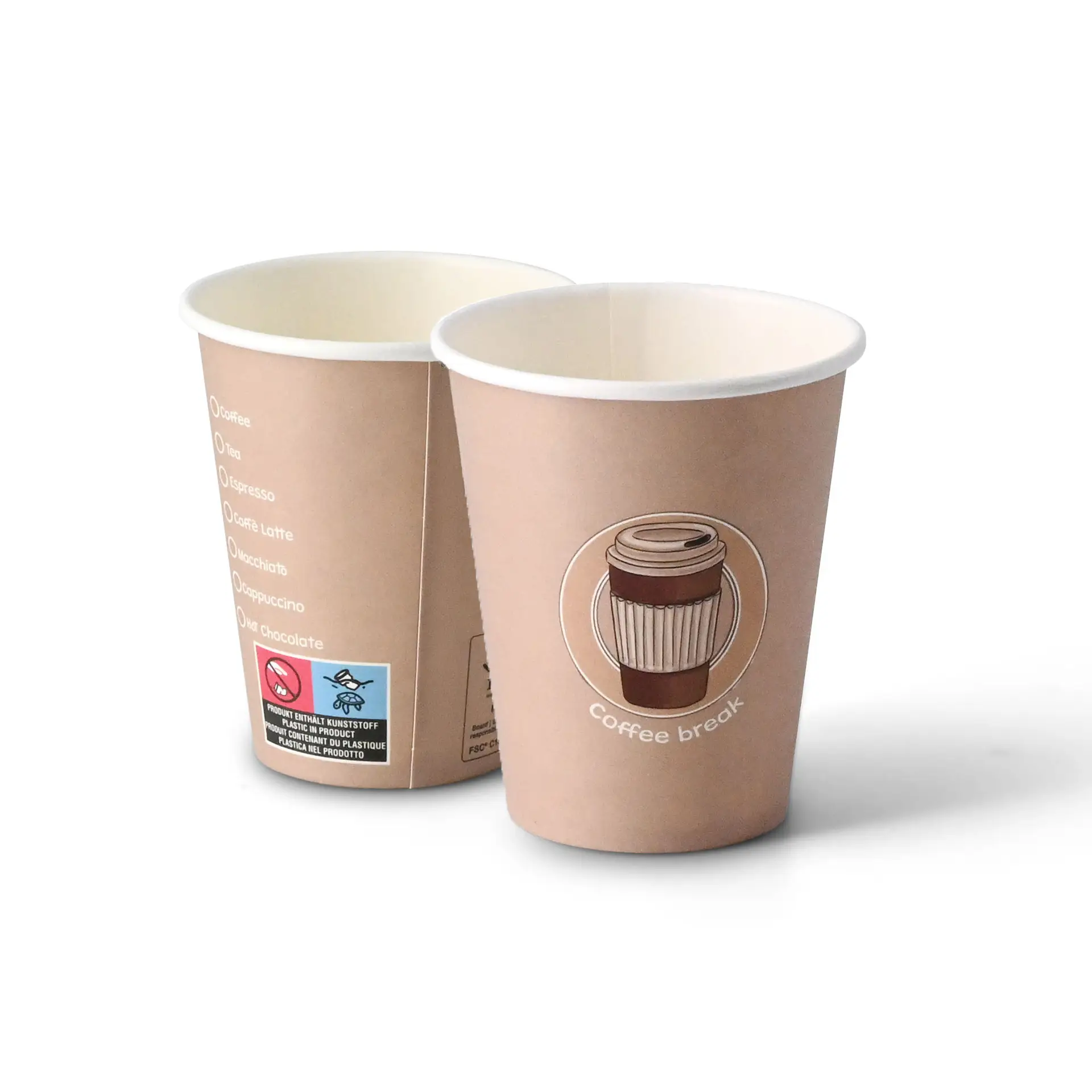 Okrągły kartonowy kubek 8 oz z nadrukiem kawy i etykietą "Coffeebreak", pokazujący dwa kubki z różnych kątów.