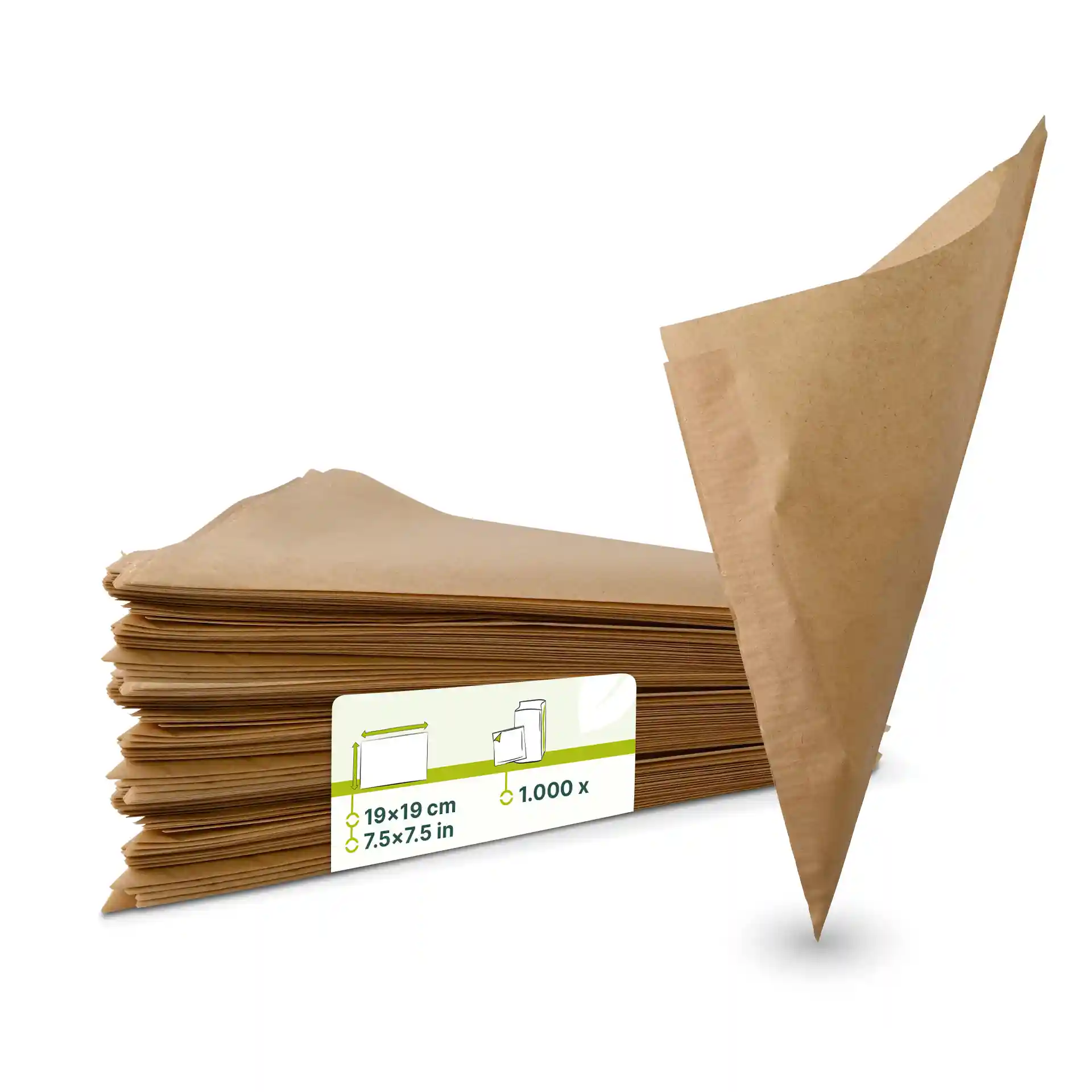 Brązowe papierowe torby na frytki, 19 cm x 19 cm, ułożone z jedną torbą lekko uniesioną.