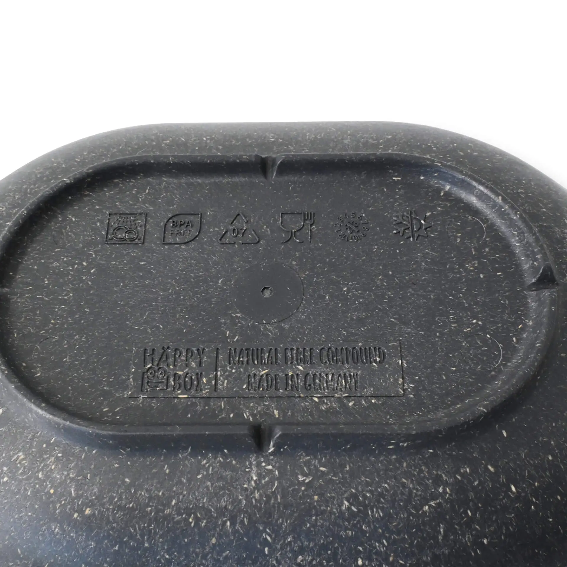 Wielokrotna owalna miska na przekąski w kolorze pieprzu/szarym; z rowkami odpływowymi, właściwościami antybakteryjnymi i logo bezpieczeństwa materiału.