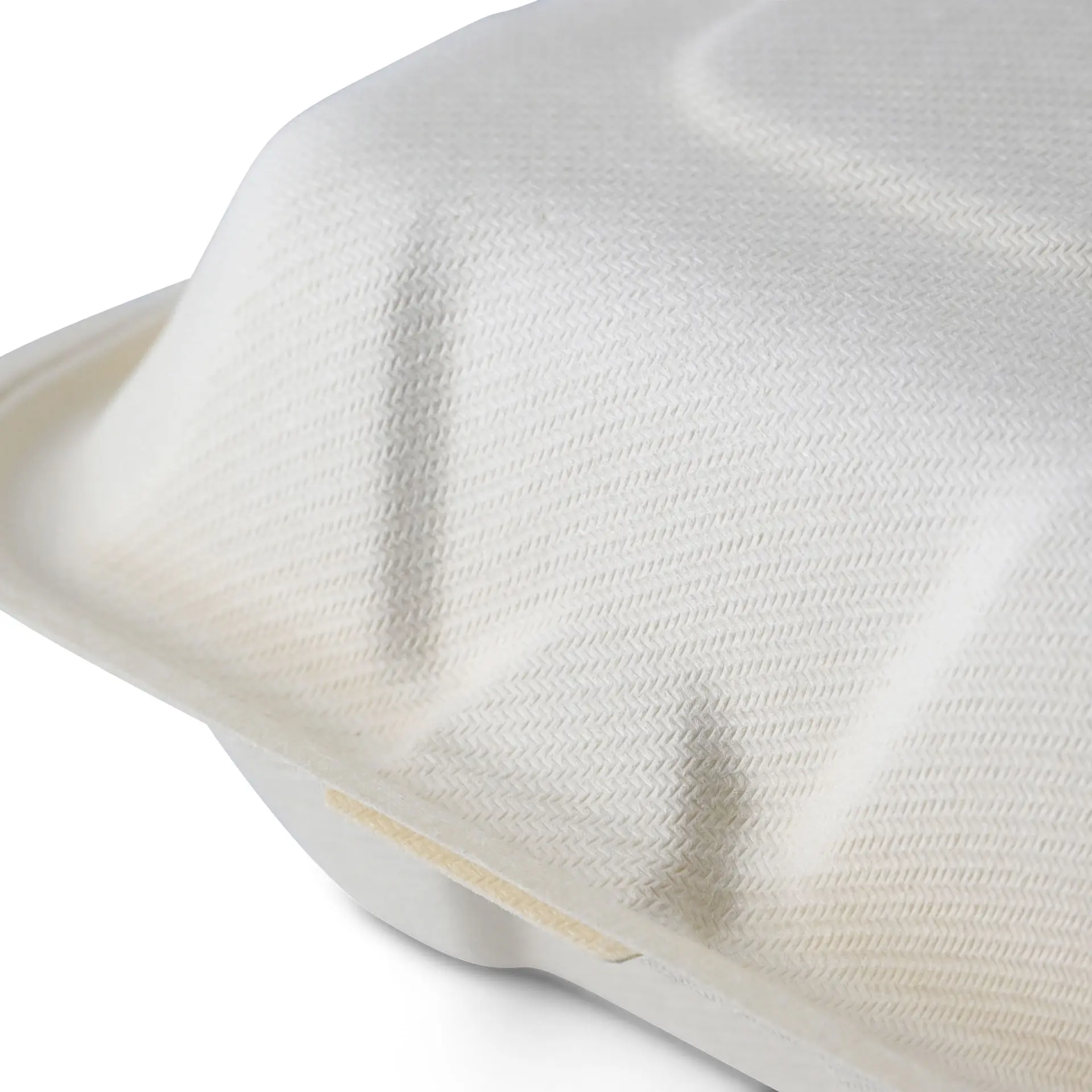 Kwadratowe biodegradowalne pudełko na burger z włókien drzewnych; z teksturowaną pokrywką i certyfikatem FSC.