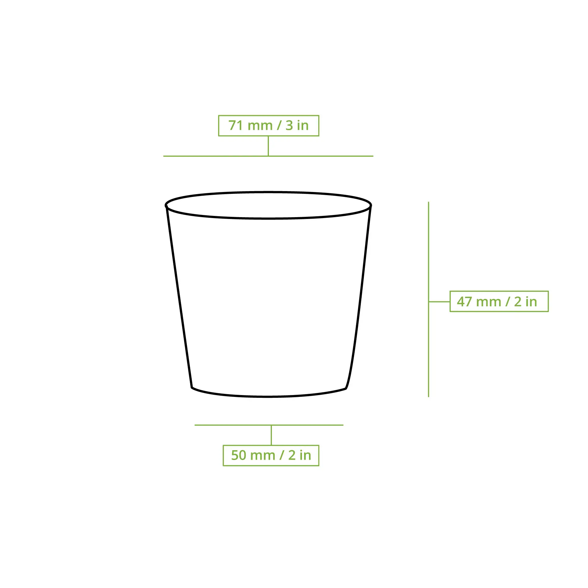 Projekt bio kubka na sosy i dipy; wymiary 71 mm x 50 mm; wykonane z biodegradowalnego plastiku PLA.