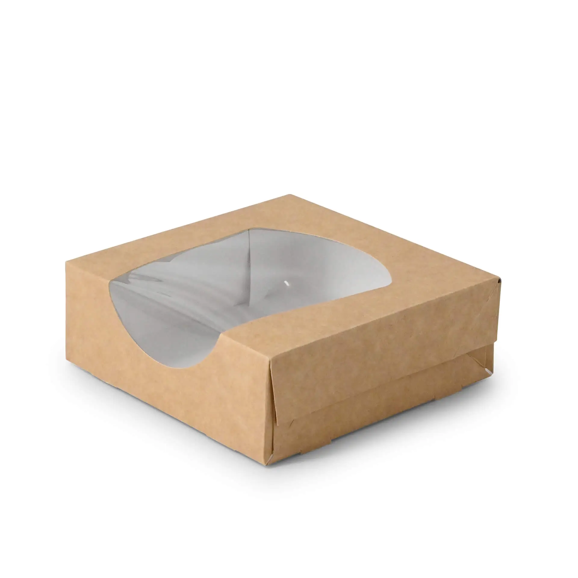 Brąski kartonowy box z przezroczystym oknem z celulozy, 12 x 12 x 4 cm.