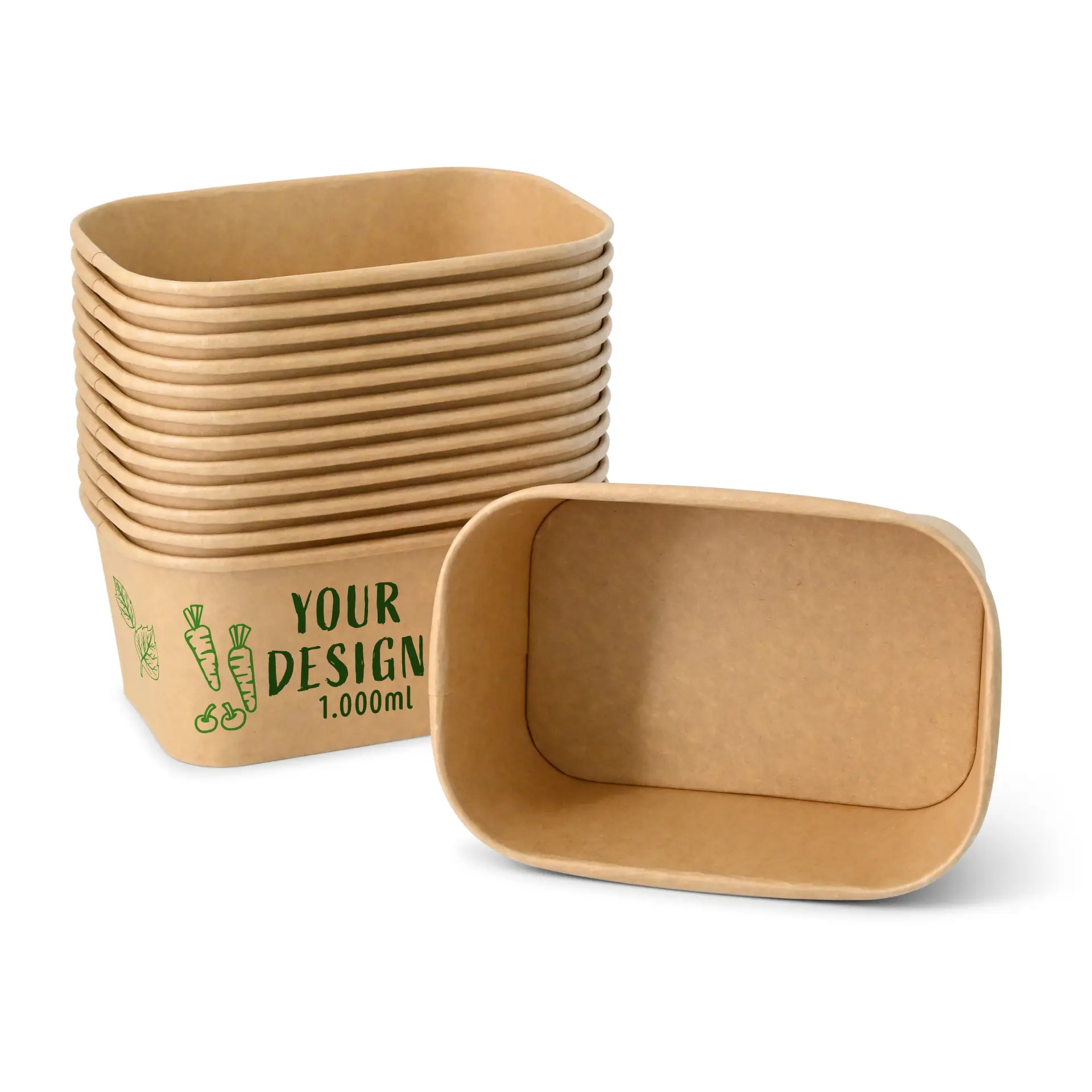 Miska sałatkowa z nadrukiem (prostokątna), 1000 ml / 40 oz, brązowa, powłoka PLA