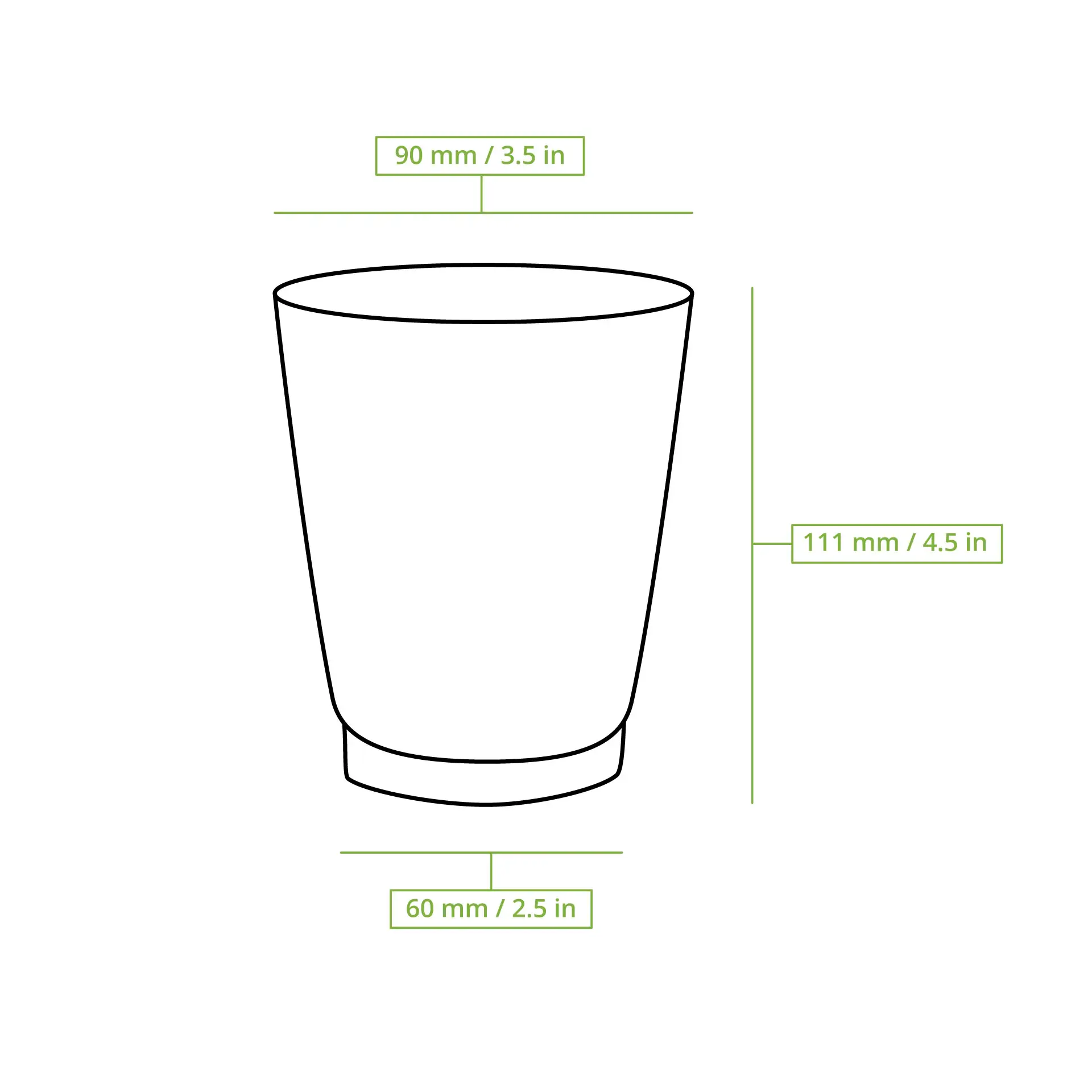 Kubek do kawy wielokrotnego użytku izolowany 12 oz; brązowy zewnętrzny, biały wewnętrzny. Wymiary: Ø 90 mm, W 111 mm, podstawa 60 mm.
