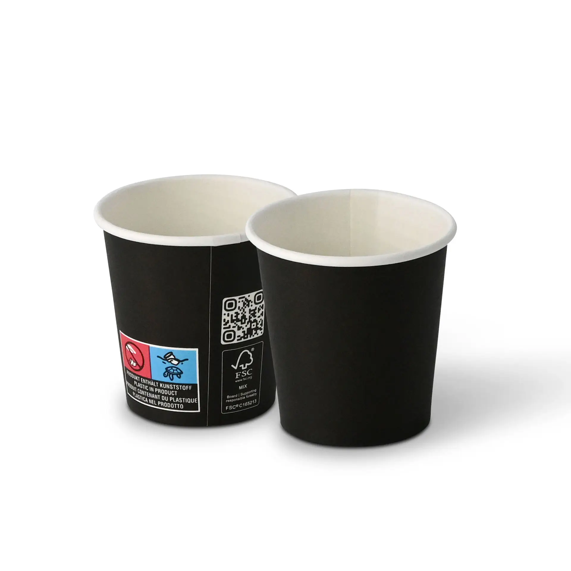 Czarne kubki z pojedynczą ścianką, pojemność 100 ml i średnica 62 mm, pokazujące widoki wewnętrzne i zewnętrzne.