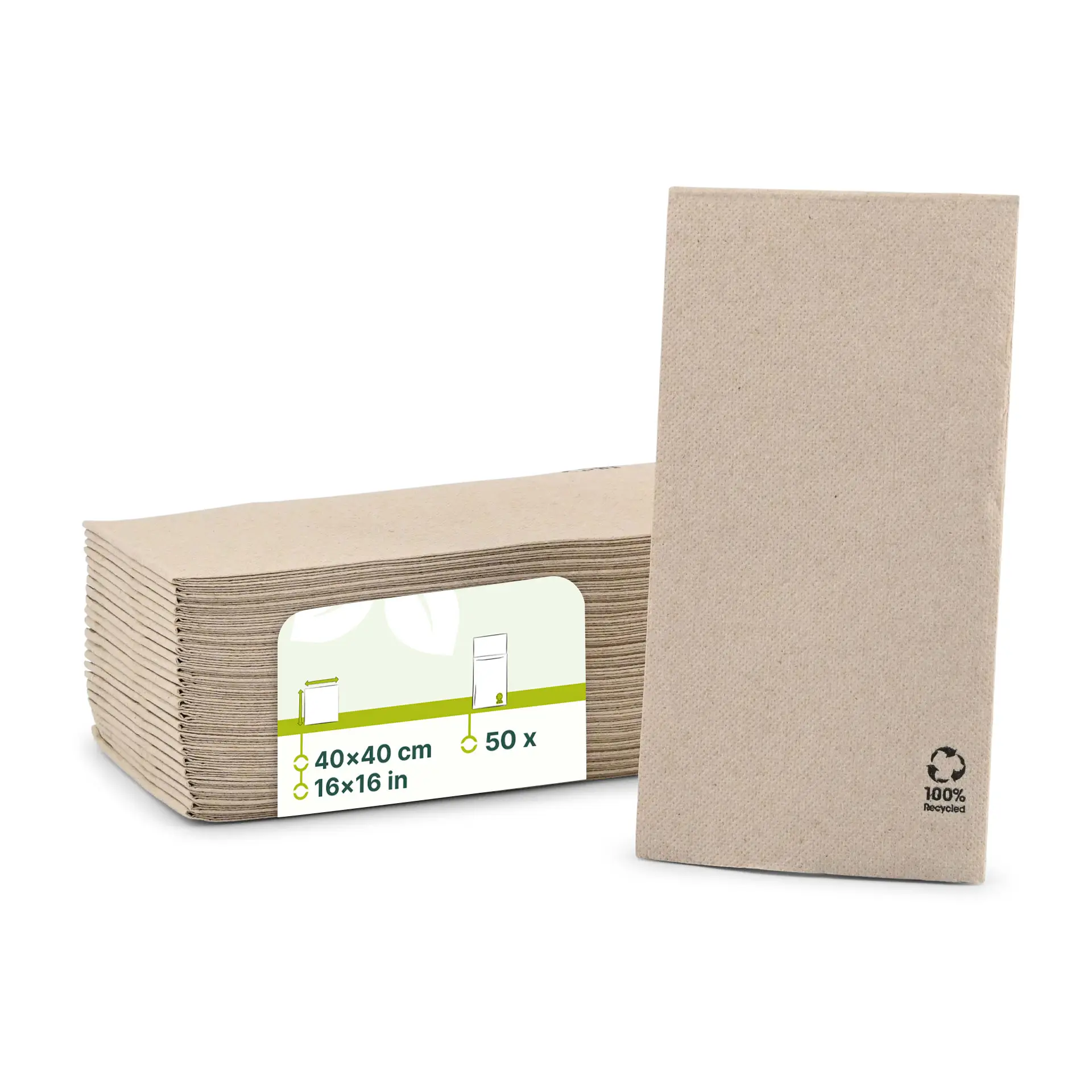 Serwetki papierowe z recyklingu, 40 x 40 cm, 2-warstwowe, ułożone w opakowaniu z logo ekologicznym recyklingu.