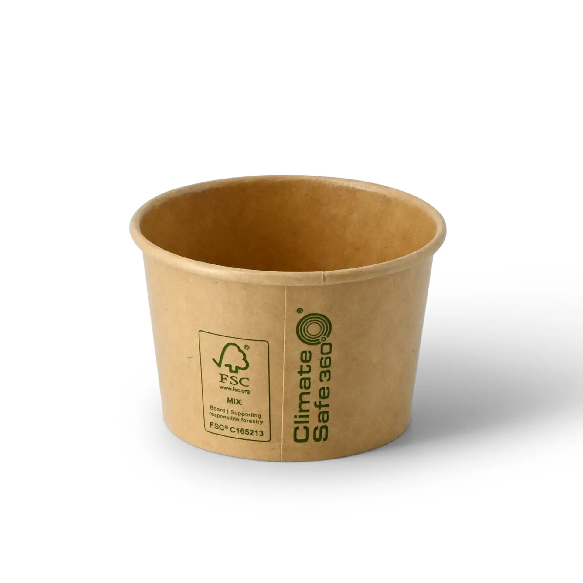 Brąski kubek papierowy o gładkiej powierzchni, z etykietą FSC i logo "Climate Safe 360".