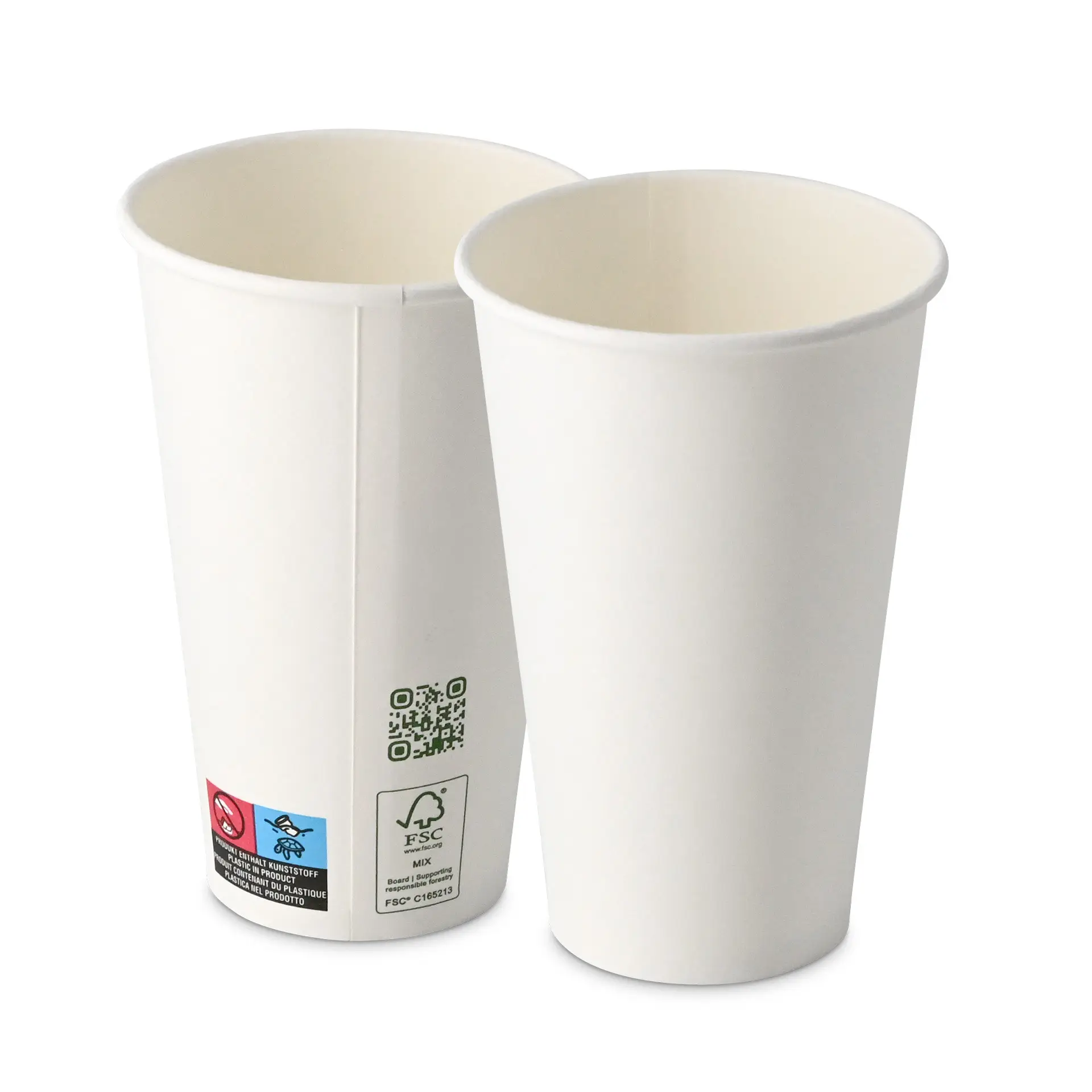 Białe kubki papierowe z pojedynczą ścianką, pojemność 400 ml i średnica 90 mm, pokazane w pozycji stosu.