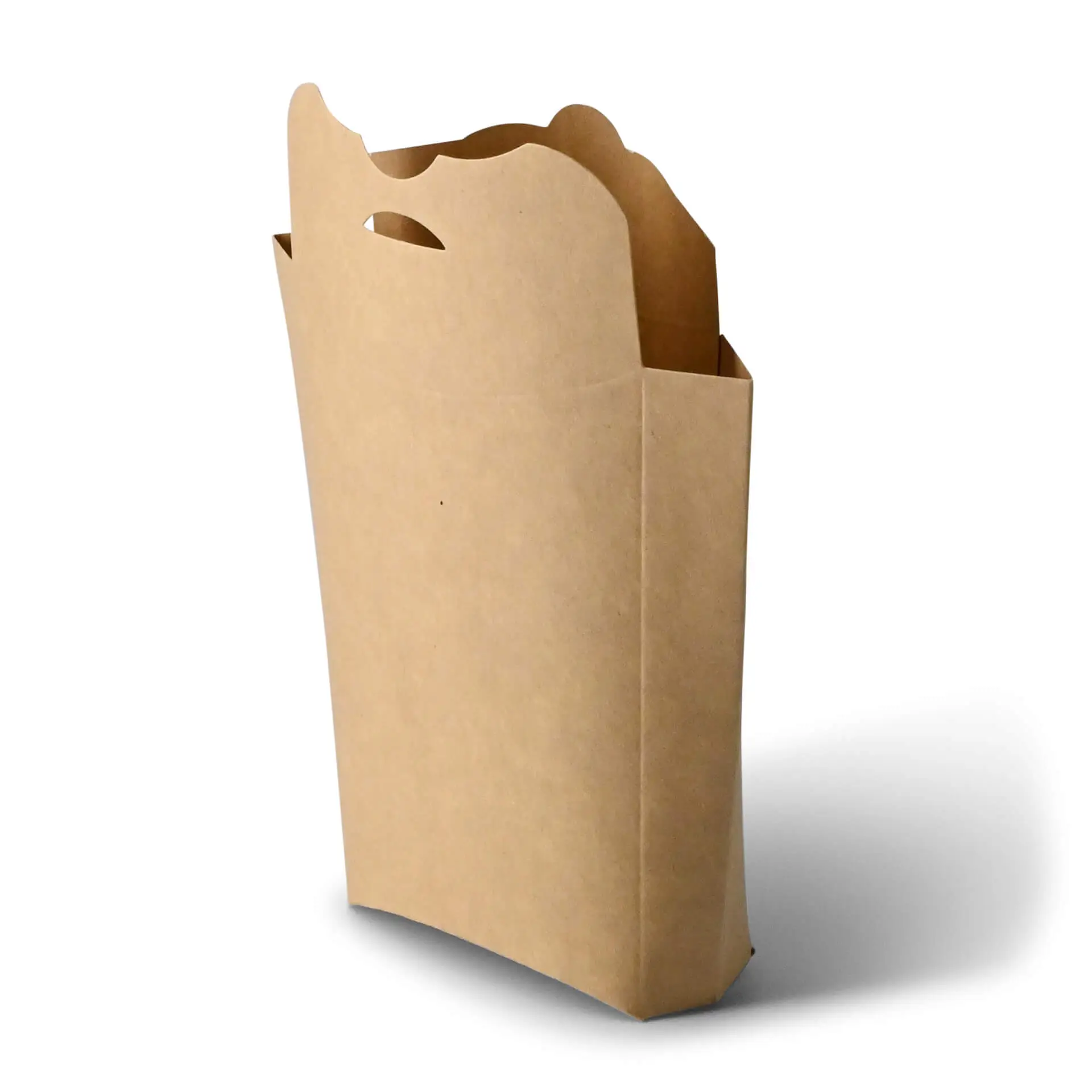 Łopatka do chipsów z papieru kraft; z pokrywką i otwartym klapkiem dla cyrkulacji powietrza. Do dań na wynos przekąsek.