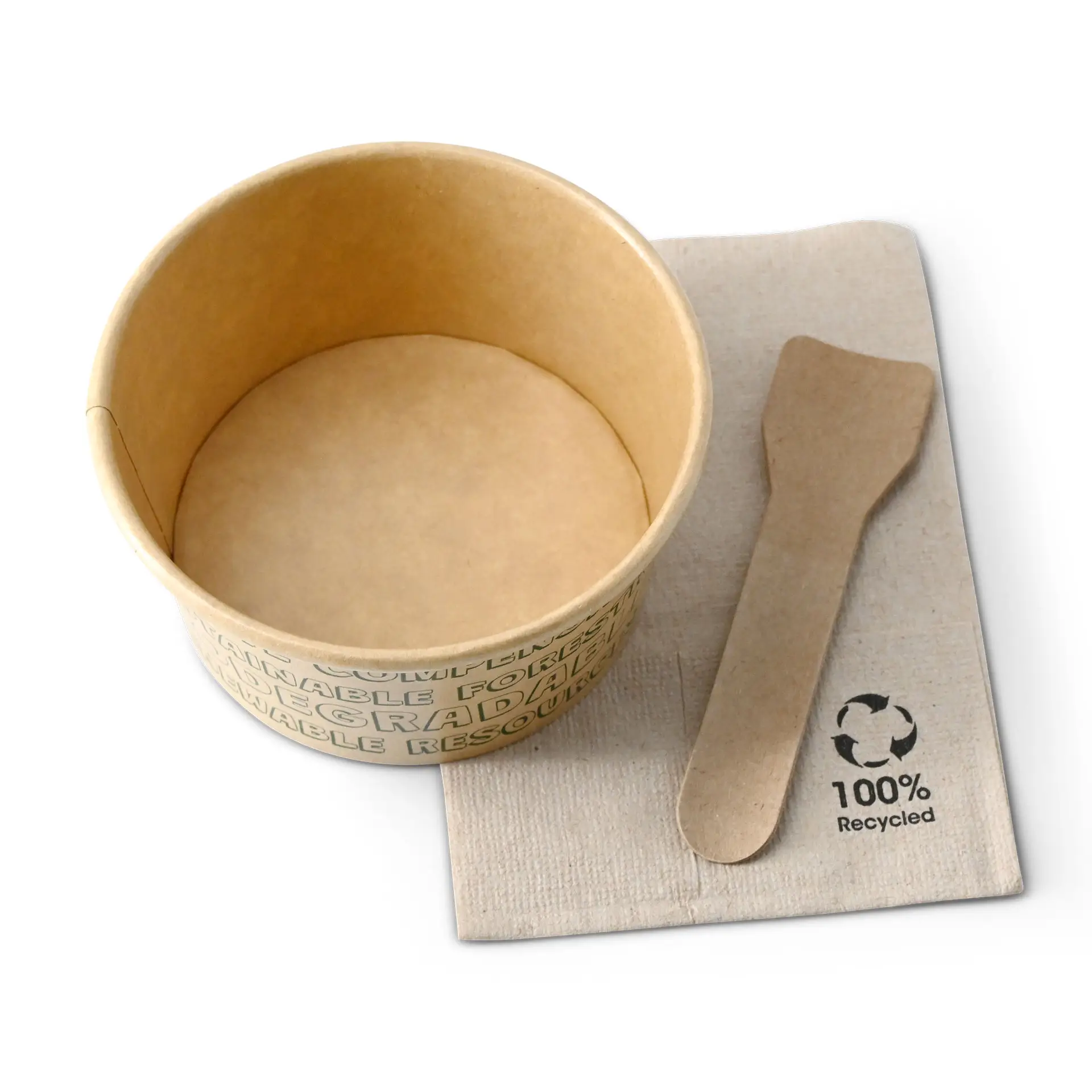 Brąkowea papierowa kubek na lody z drewnianą łyżką i ekologiczną serwetką; z nadrukiem o zrównoważonym rozwoju i etykietą z recyklingu.
