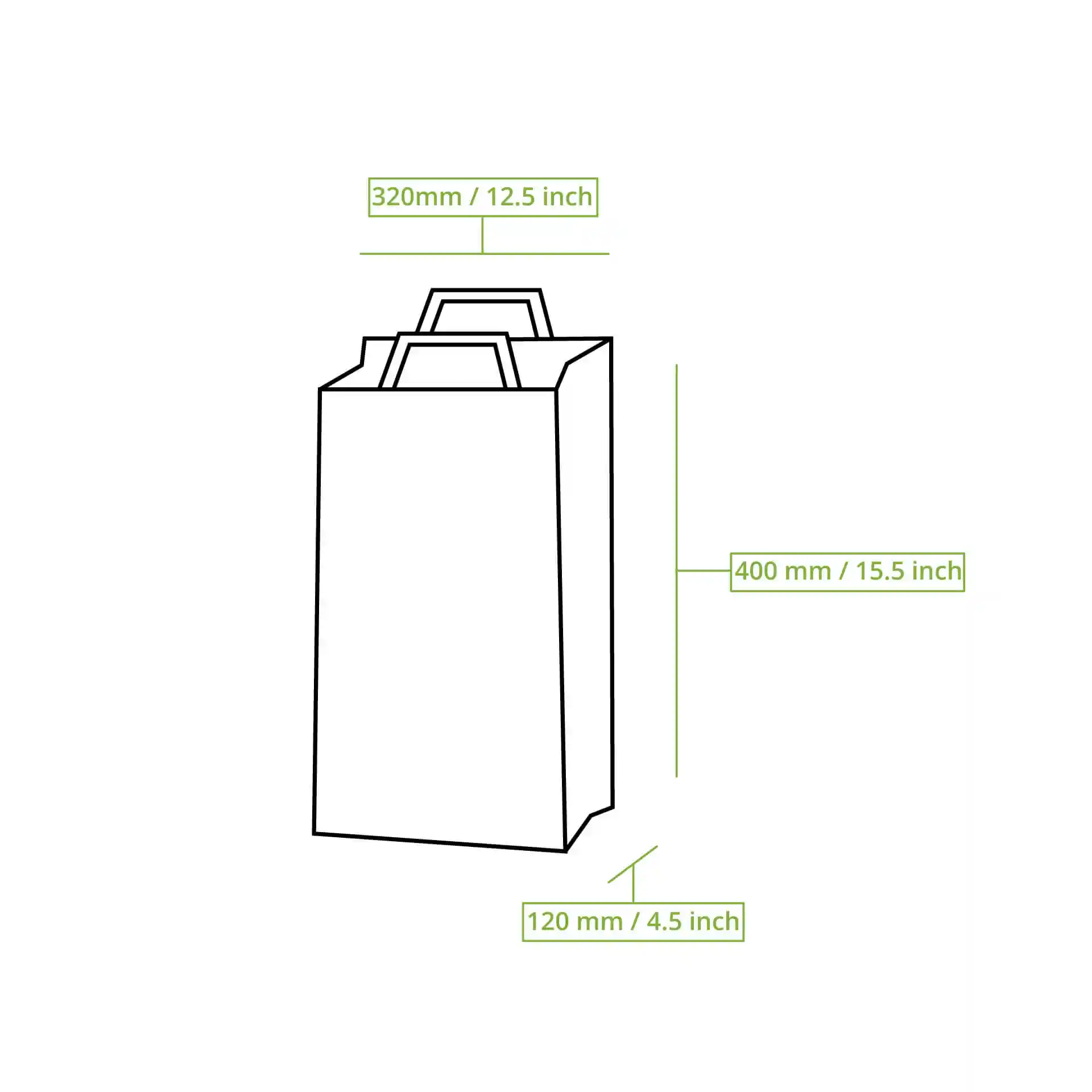 Schematyczny rysunek brązowej torby papierowej z recyklingu z oznaczonymi wymiarami: 320mm długości, 400mm wysokości, 120mm szerokości.