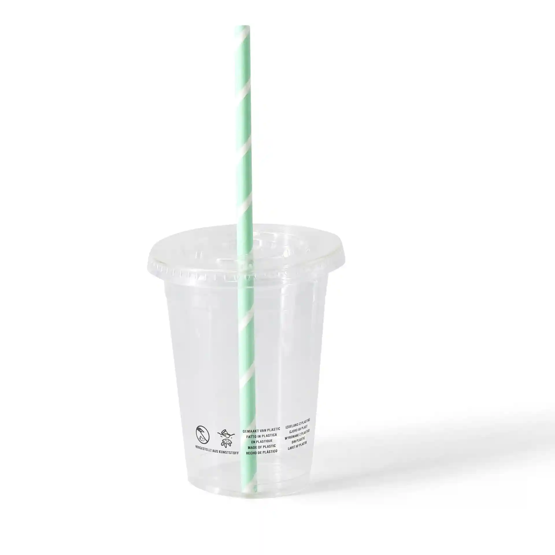 Przezroczysty kubek PLA z zielono-białą słomką, pojemność 400 ml, na jednolitym tle.
