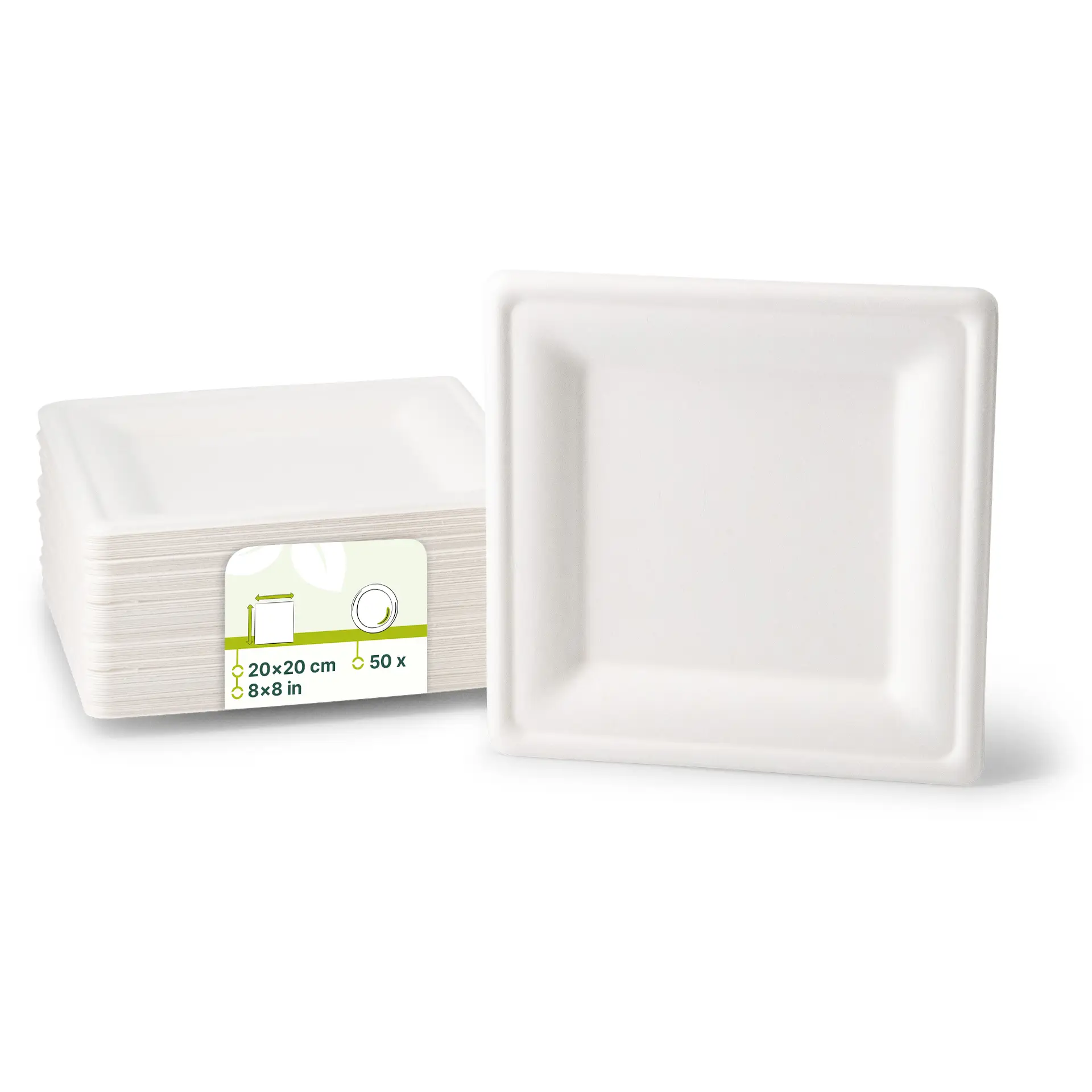 Talerz kwadratowy z trzciny cukrowej, 20 x 20 cm, wykonany z biodegradowalnej bagassy; na tle stos talerzy z widoczną etykietą.