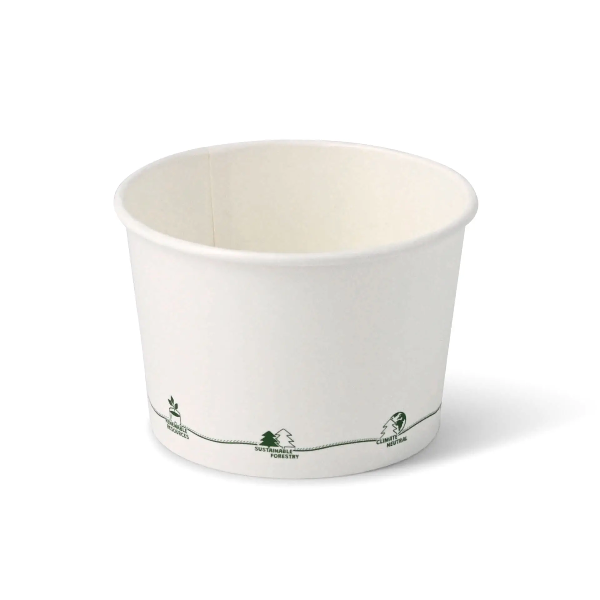 Jednorazowy, biodegradowalny kubek z tektury z wewnętrzną powłoką PLA; odpowiedni do gorących i zimnych napojów, z ekologicznymi oznaczeniami.