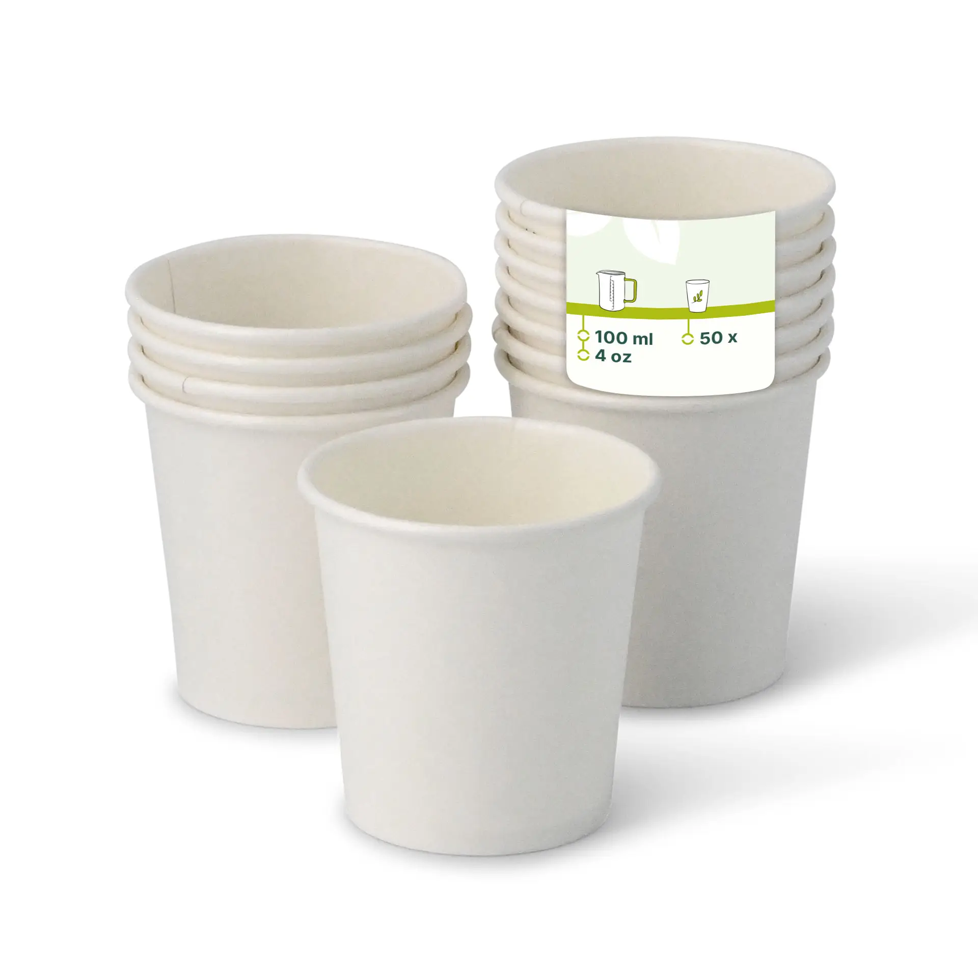 Stos białych papierowych kubków 4 oz z etykietą pokazującą pojemność 100 ml i 50 sztuk, jeden kubek z przodu.