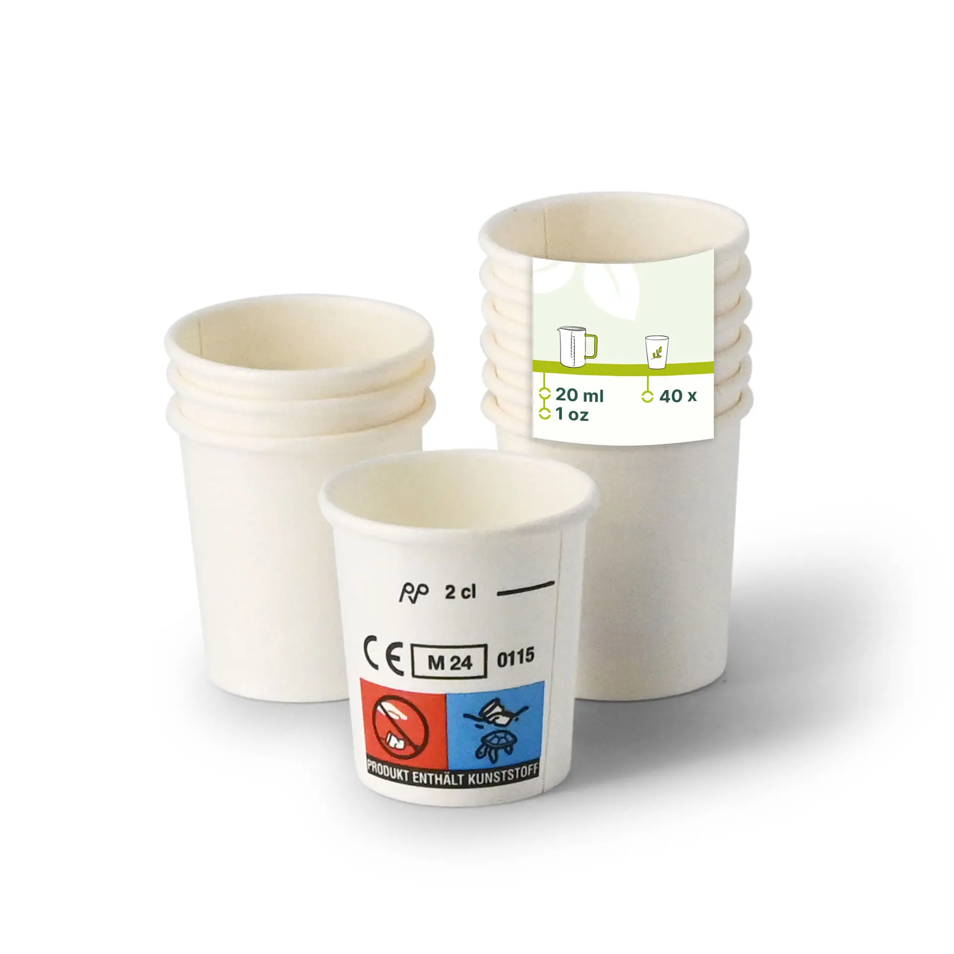 Jeden biały papierowy kubek do szczupleń z oznaczeniem kalibracyjnym na pierwszym planie; wiele podobnych kubków w tle. Odpowiedni do płynów i porcji degustacyjnych.