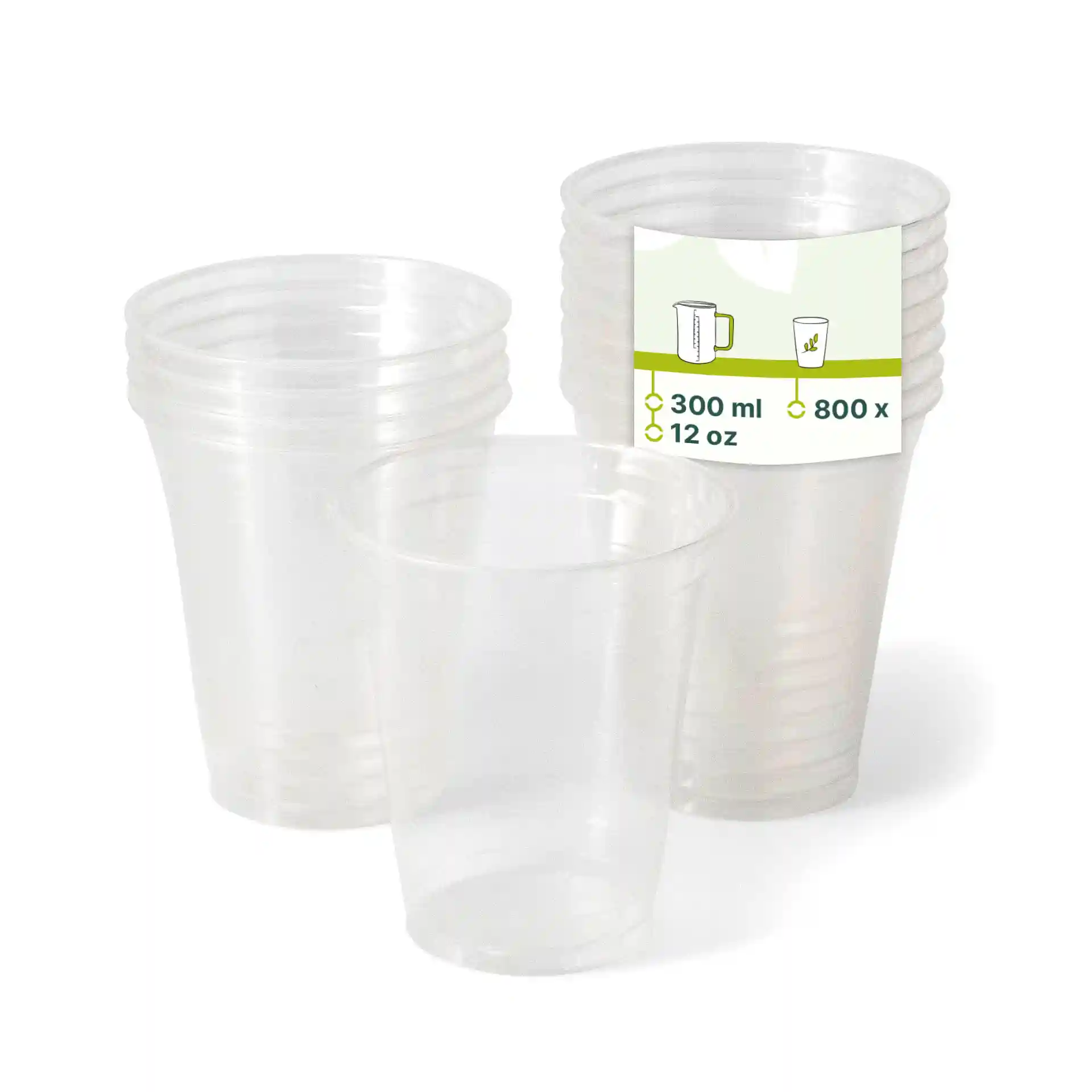 Przezroczyste plastikowe kubki ułożone w stos, z jednym kubkiem z przodu, pokazującym etykietę z pojemnością 300 ml i 800 sztuk.