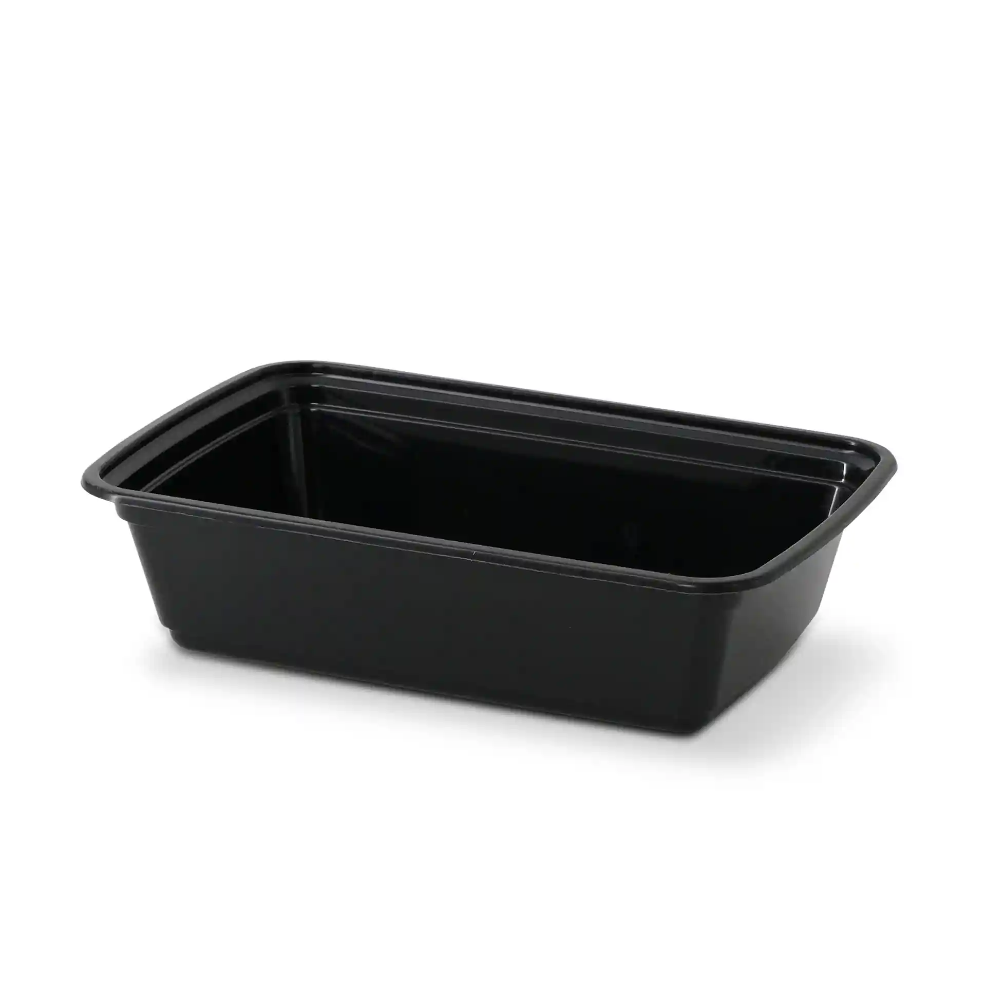 Czarny prostokątny pojemnik wielokrotnego użytku o pojemności 700 ml, długości 185 mm, szerokości 124 mm i wysokości 44 mm.