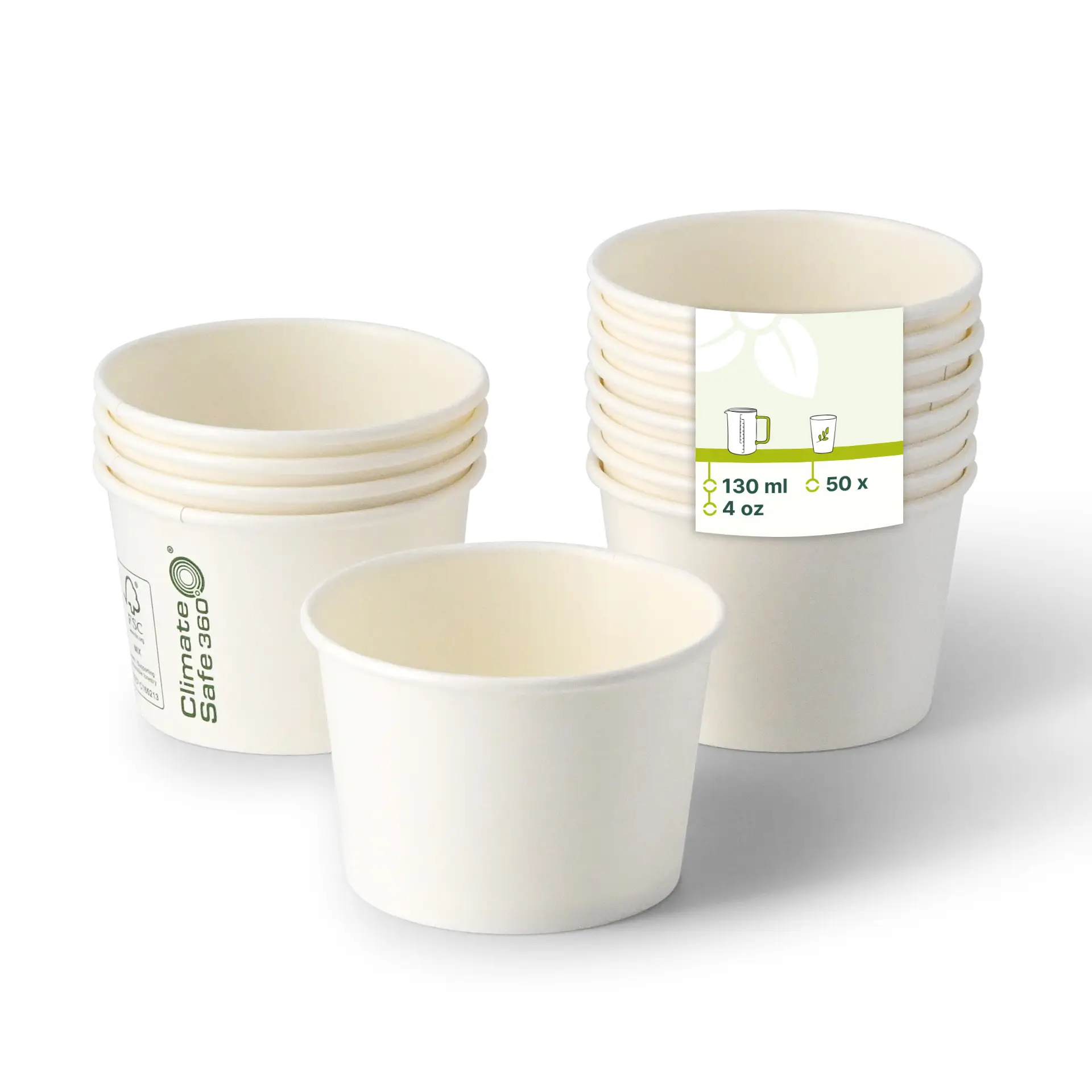 Jedna biała papierowa miska w centrum uwagi z kilkoma podobnymi miskami ułożonymi za nią; etykieta opakowania z specyfikacjami miski.