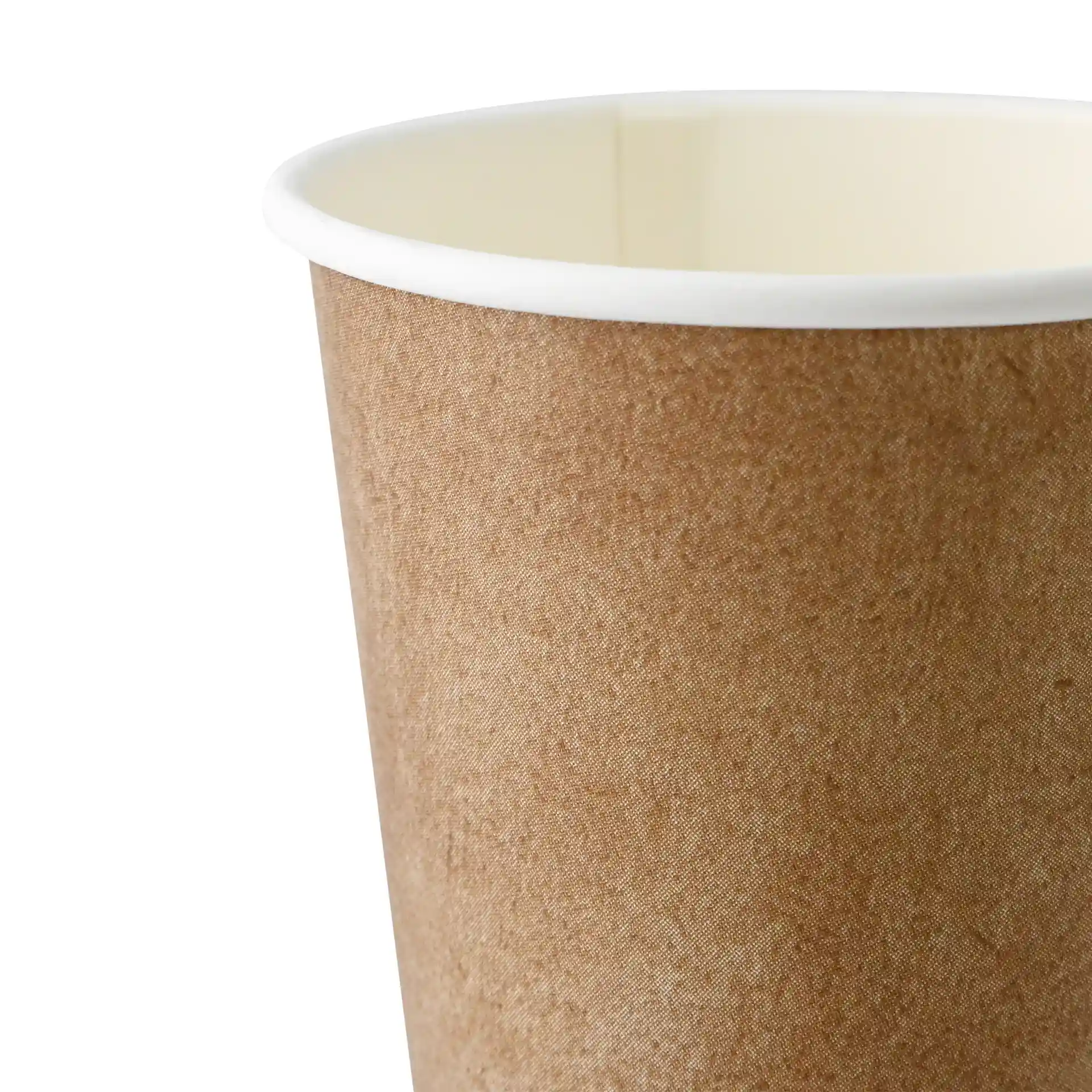 Brązowy kubek papierowy z białym wnętrzem, jednolita ścianka, pojemność 300 ml, średnica 90 mm na górze.
