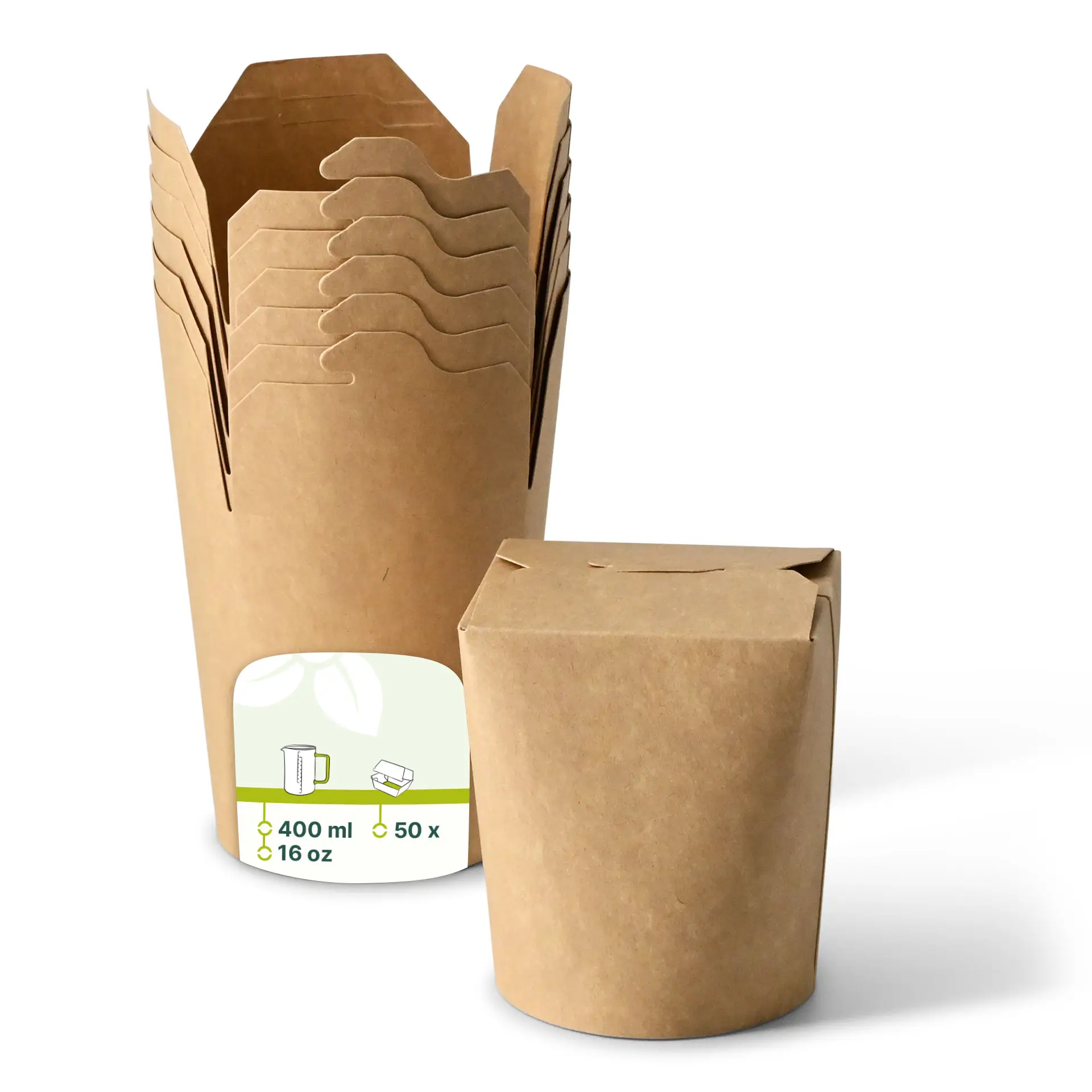 Pudełko na noodle z brązowego tektury kraft, pojemność 400 ml; dodatkowe podobne pudełka w tle.