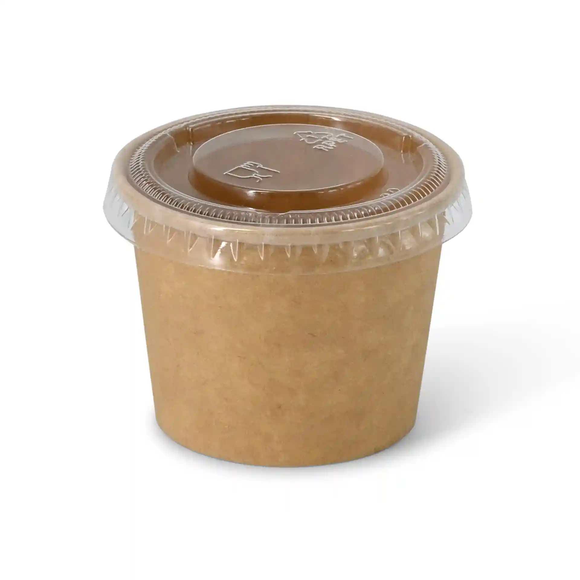 Brązowy papierowy kubek z przezroczystą plastikową pokrywką, pojemność 50 ml, niebielony, średnica 62 mm.