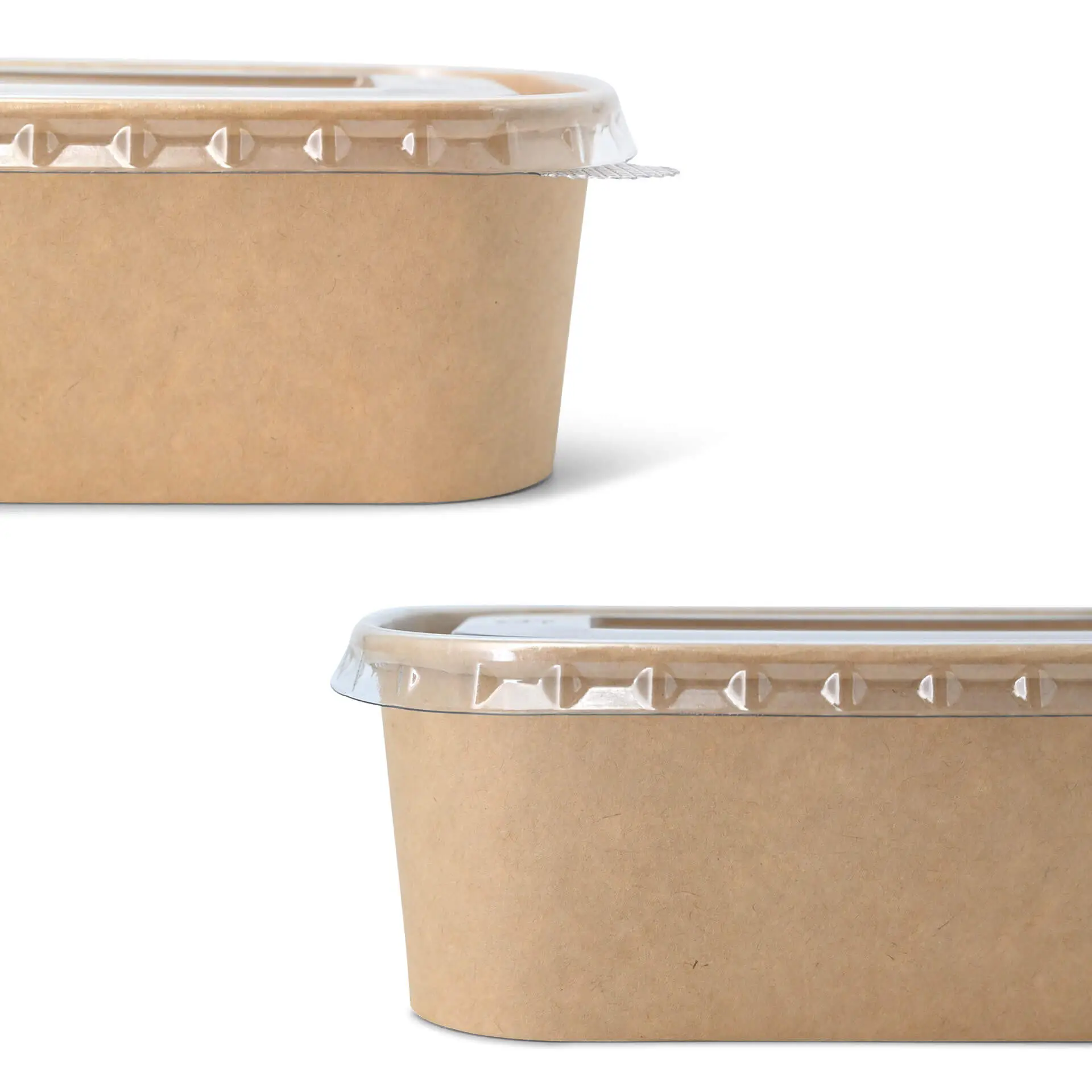 Przezroczysta pokrywka rPET do kartonowych pojemników na żywność, o prostokątnej formie i gładkim wykończeniu krawędzi.