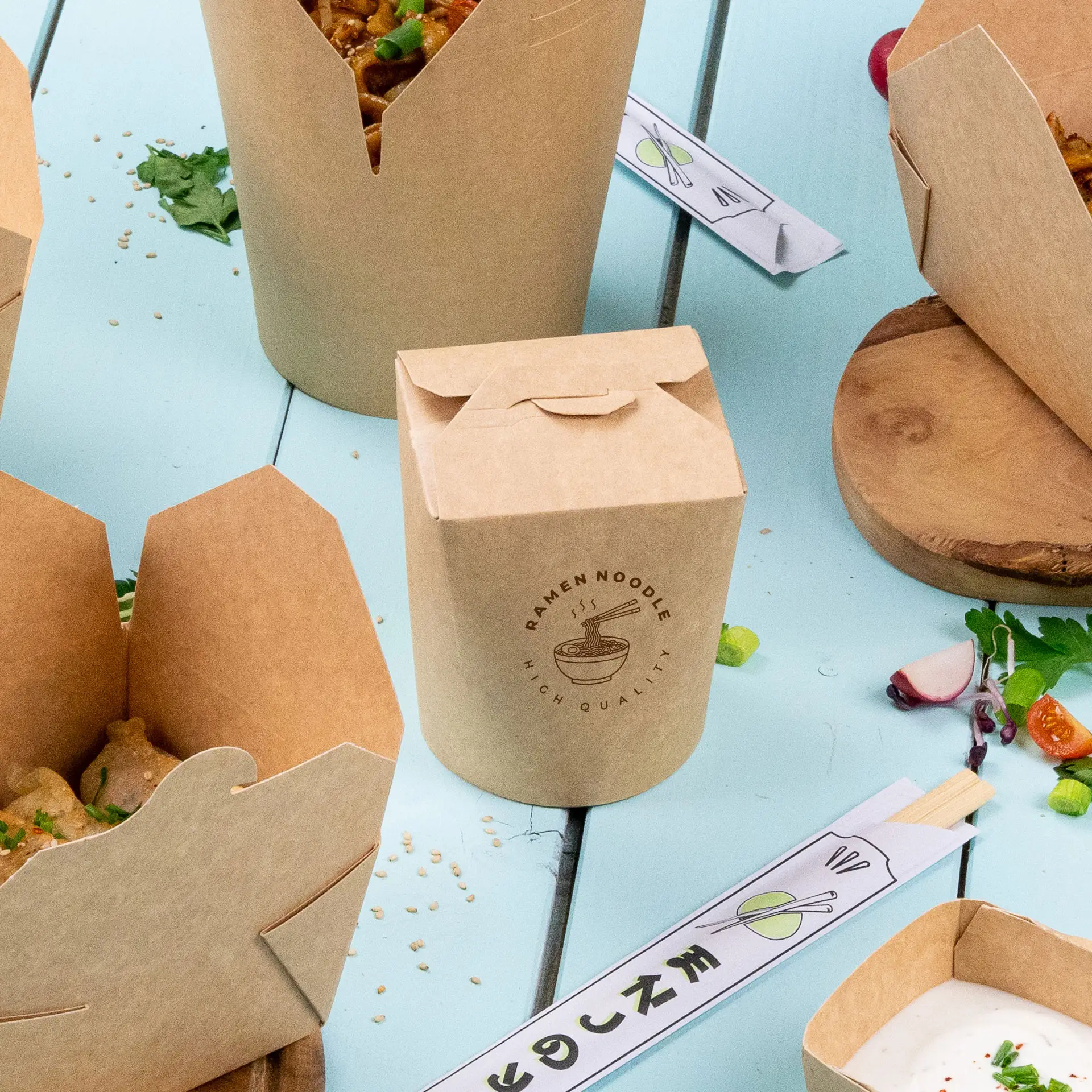 Pudełka na makaron z nadrukiem, 400 ml, brązowe, powłoka PLA