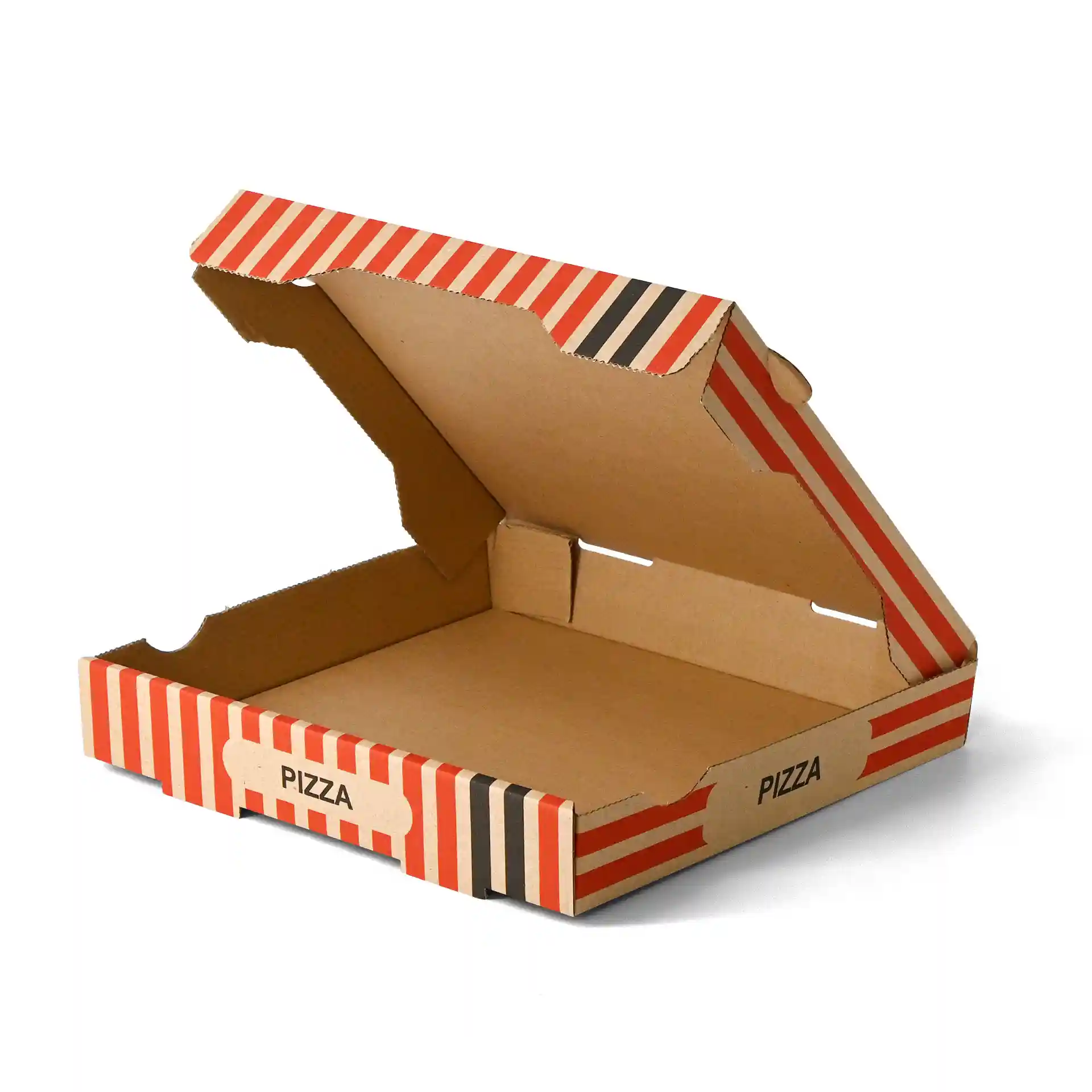 Kartonik na pizzę z brązowym dnem i czerwonym paskowanym wzorem, 28 x 28 x 4 cm, częściowo otwarty.