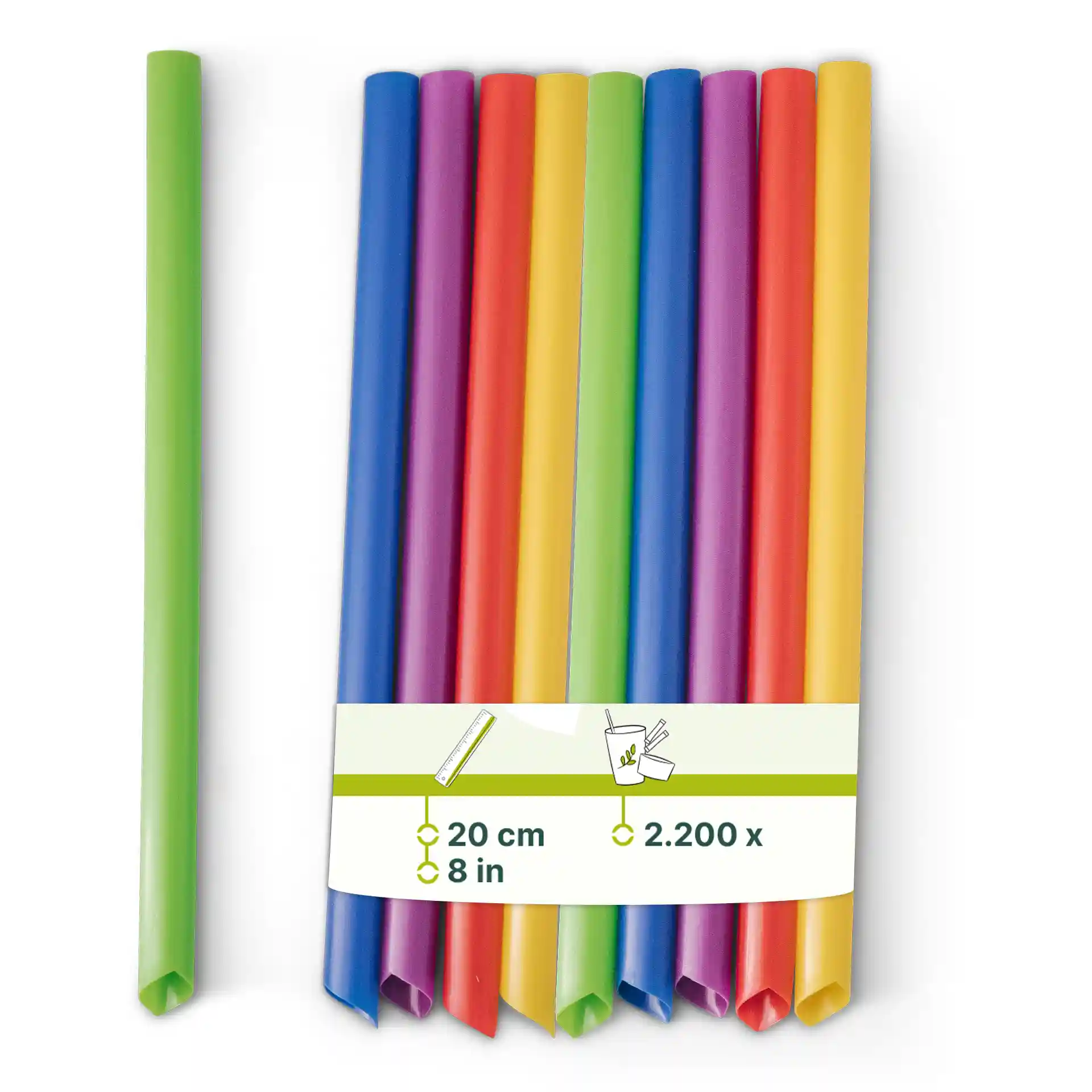 Kolorowe wielokrotnego użytku słomki do bubble tea, długości 20 cm i średnicy 1,2 cm, ułożone na białym tle.