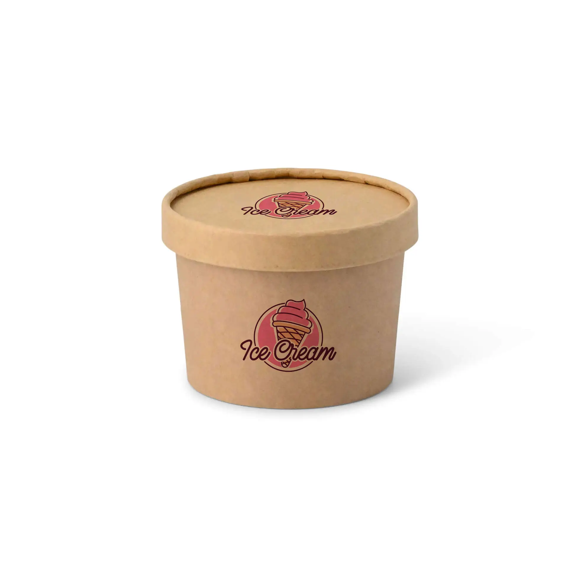 Brąkowaty kubek z kartonu na lody z drukowaną pokrywką z logo lodów, odpowiedni do jedzenia na wynos.