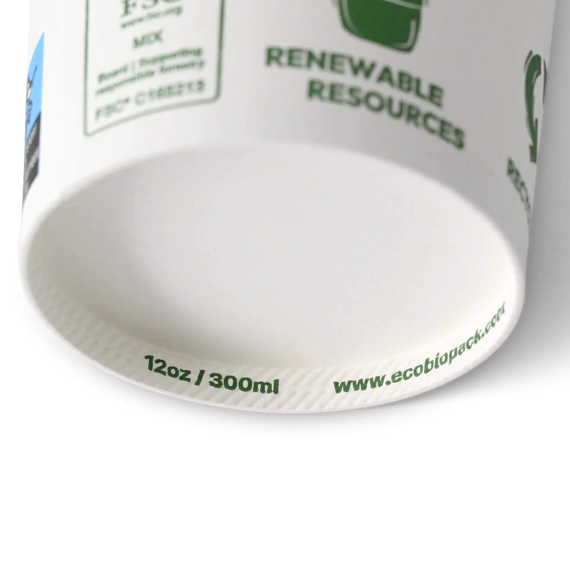 Kubek papierowy 300 ml / 12 oz, Ø 90 mm, z nadrukiem „EcoUp©”, jednowarstwowy, biały, powlekany PLA