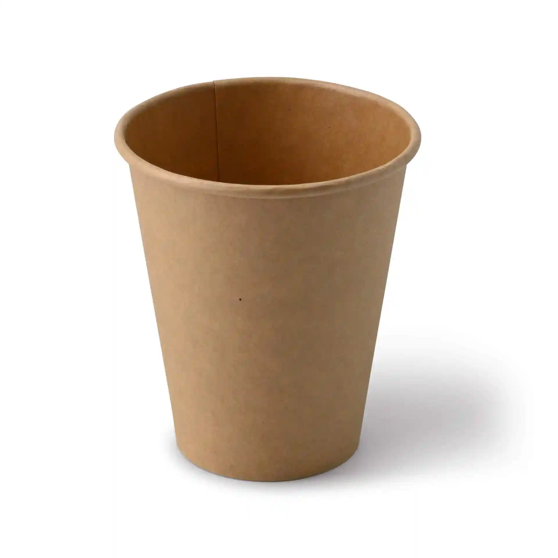 Brązowy papierowy kubek o okrągłym kształcie, pojemność 10 oz, wykonany z tektury, pokazany pod kątem.