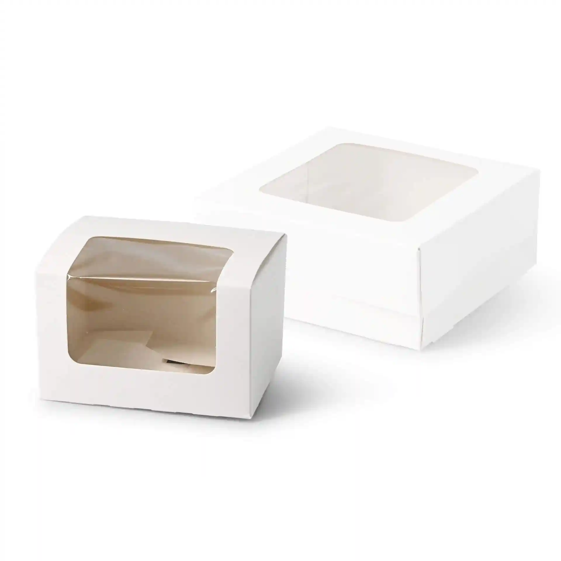 Białe pudełka na ciasta z oknami z celulozy, o wymiarach 13 x 11 x 8 cm, wyświetlane w dwóch rozmiarach.
